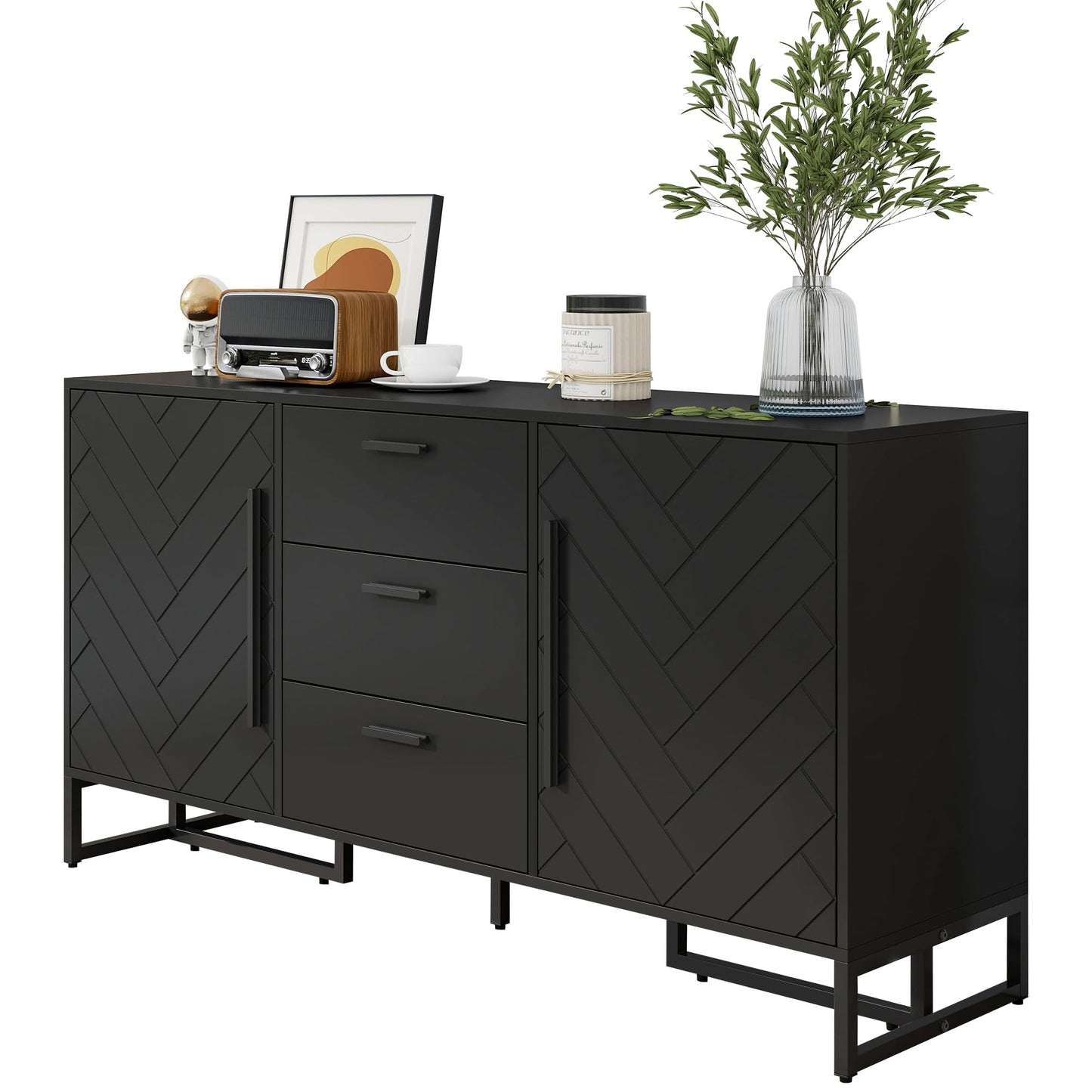 Credenza, armadio da cucina con 4 cassetti e 3 ante, per cucina, buffet con piano di lavoro, per sala da pranzo, soggiorno, 140 x 40 x 80 cm