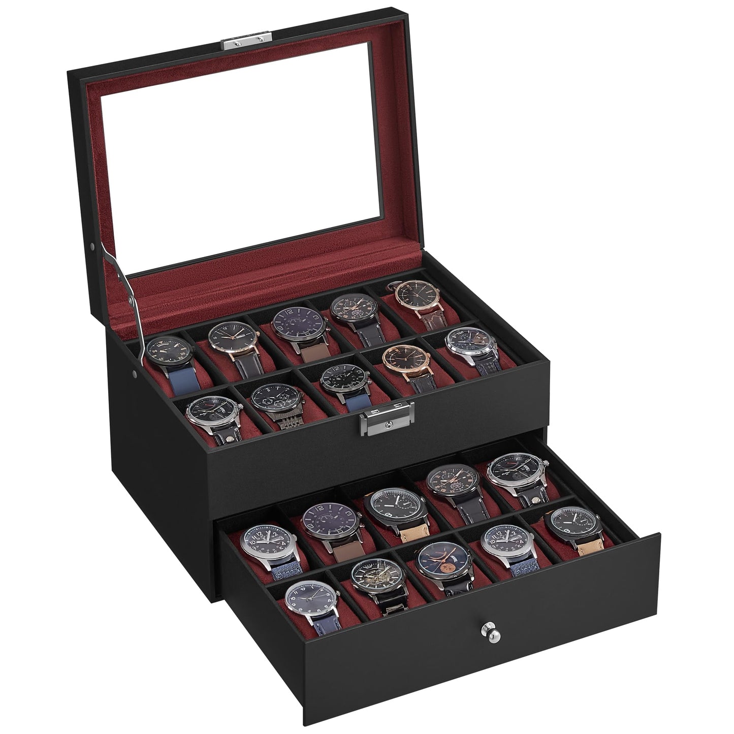 SONGMICS Porta Orologi, Scatola Portaorologi a 2 Livelli, Coperchio in Vetro, con Cuscinetti Rimovibili, Idea Regalo, Superficie in PU Nera, Interno Grigio JWB020
