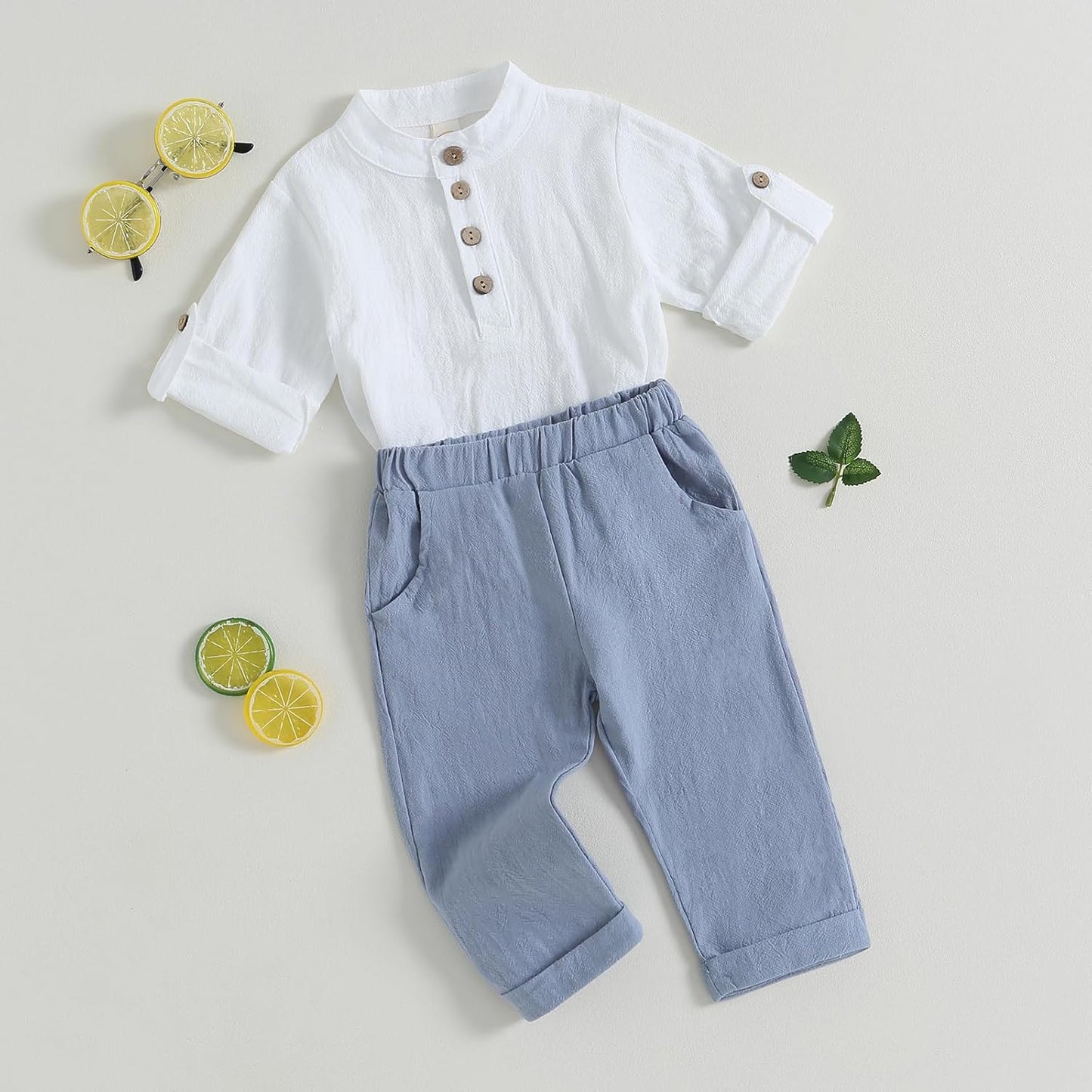 Geagodelia Completo Bambino Casual 2 Pezzi Tuta Neonato Estate Camicia Manica Corta con Bottoni +Pantaloni Lungi Vestiti Bambini Lino di Cotone
