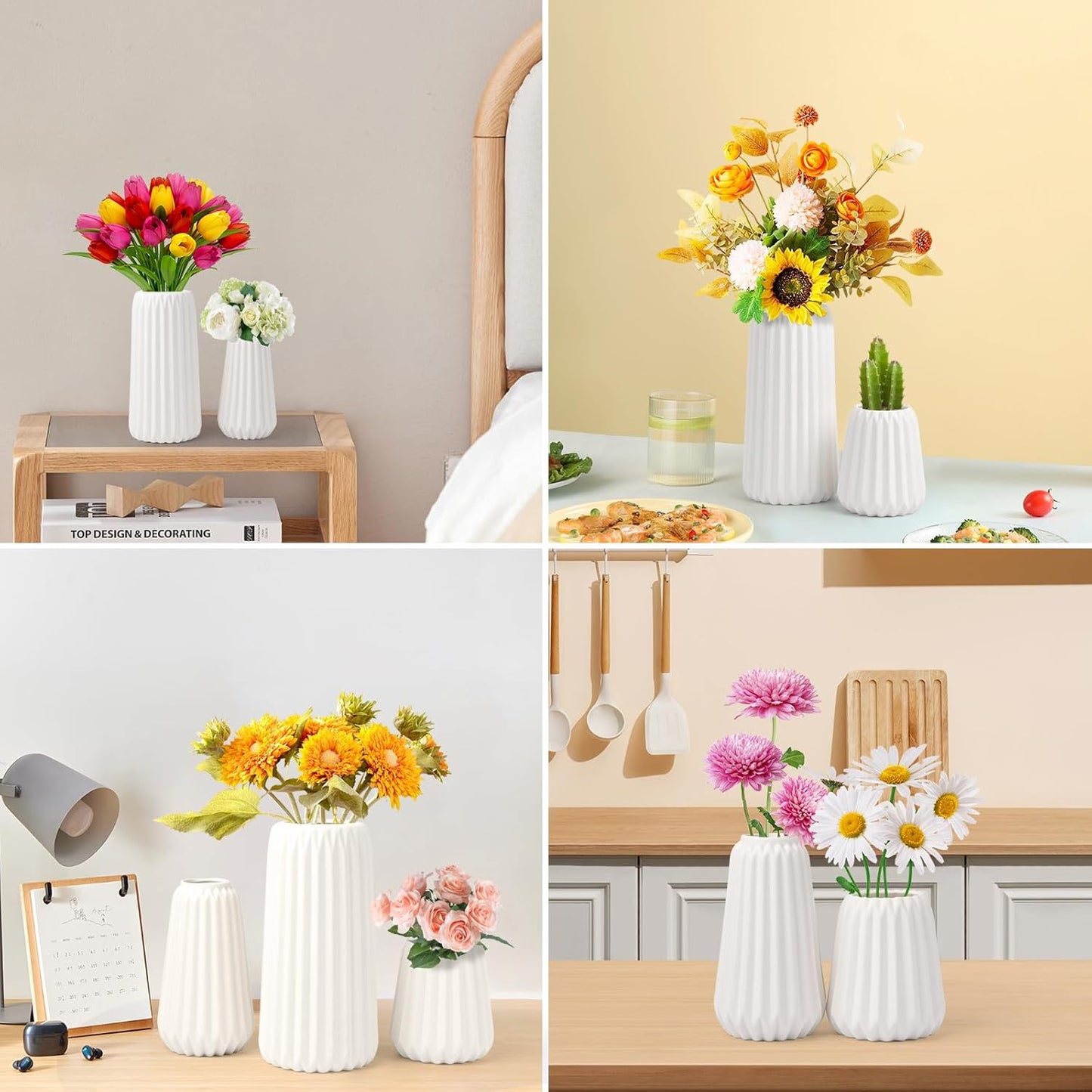 Vaso in Ceramica Bianca da 3 Pezzi, Blumacht Fiori Secchi Pampas Erba Vasi per Centrotavola Bouquet, Moderno Ingresso Tavolo Mensola Camera da Letto Soggiorno Arredamento