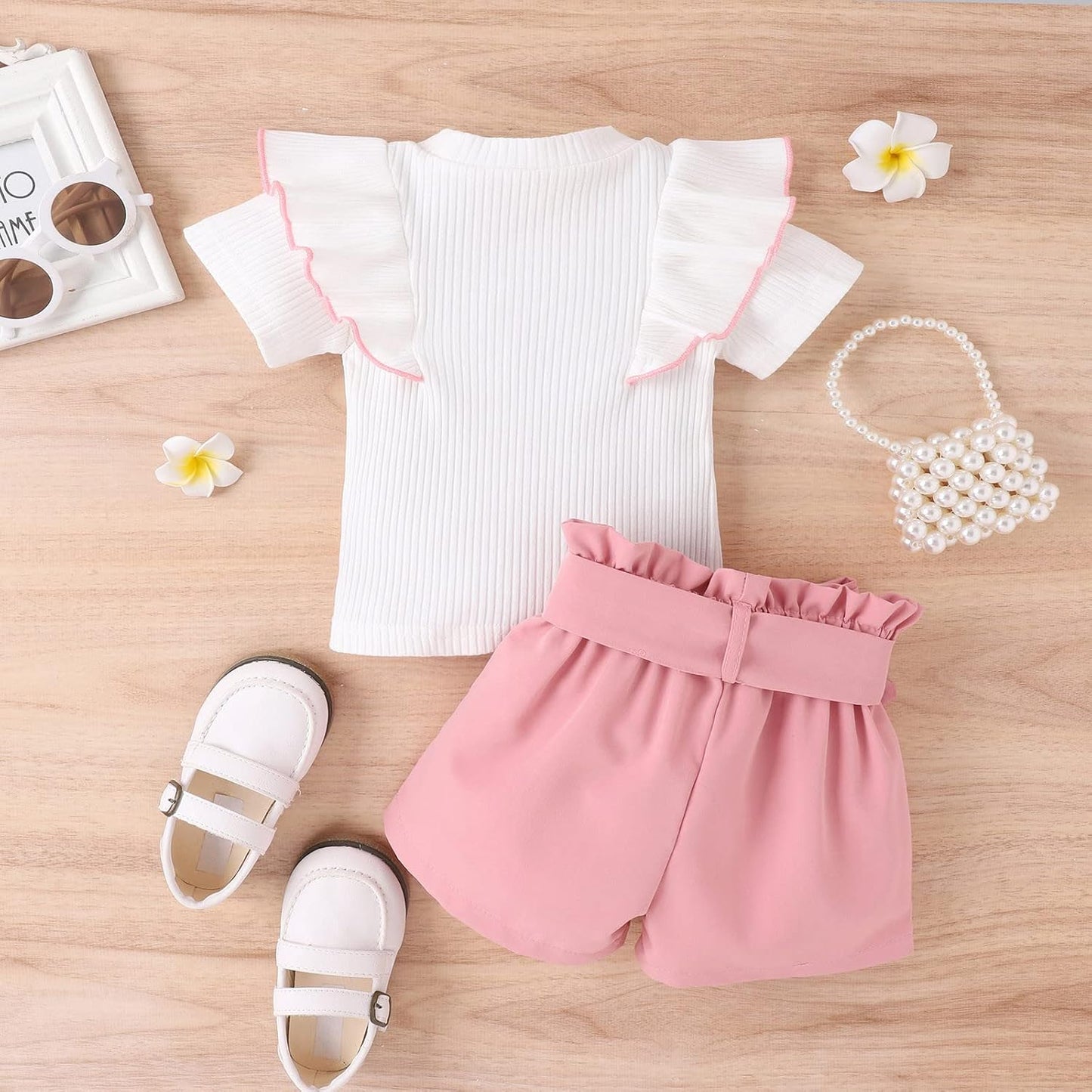 2 Pezzi Completo Bambina Estivo Bambine Abbigliamento Estivo Top con Maniche A Volant E Pantaloncini per Bambini Pagliaccetto Neonato Estivo Vestiti Neonato Femmina