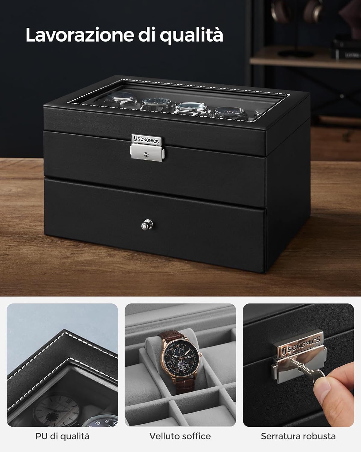 SONGMICS Porta Orologi, Scatola Portaorologi a 2 Livelli, Coperchio in Vetro, con Cuscinetti Rimovibili, Idea Regalo, Superficie in PU Nera, Interno Grigio JWB020