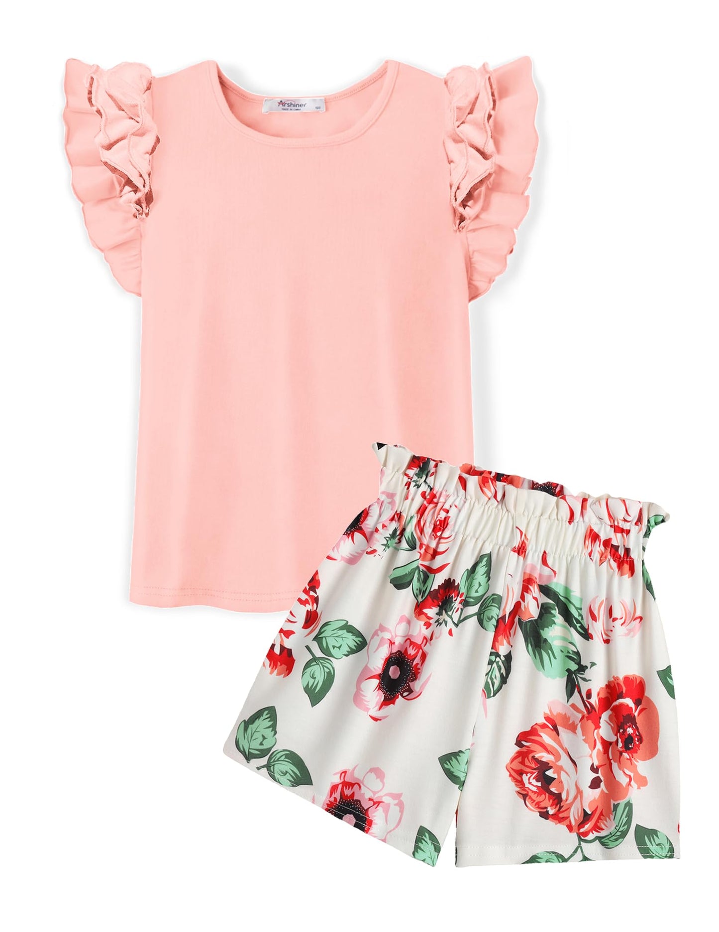 Arshiner Set di Abbigliamento per Ragazze T-shirt Estiva Pantaloncini Completo Bambini Cotone Maniche Volant Set di Abbigliamento per il Tempo Libero Moda Due Pezzi Ragazze con Tasca 6-14 Anni