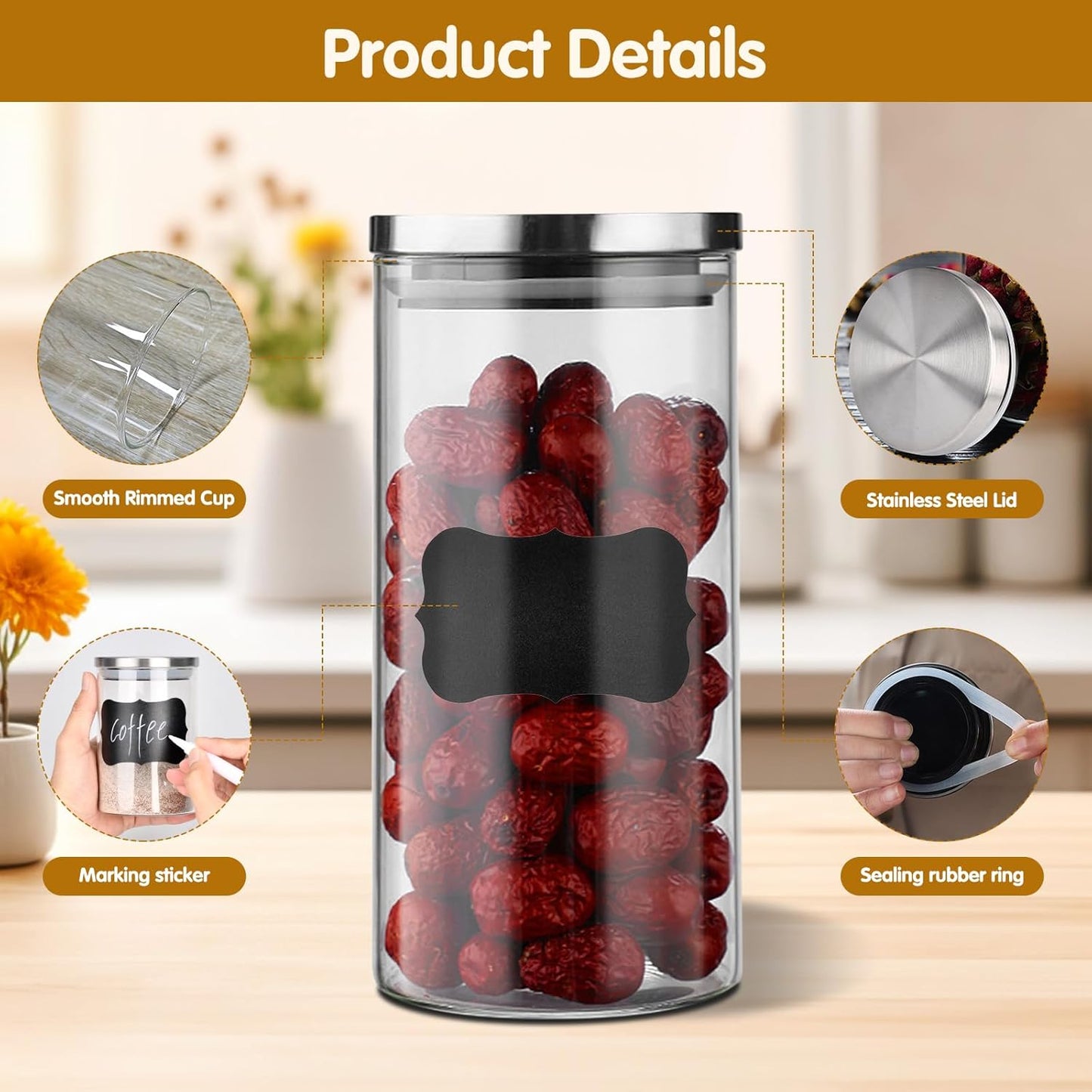 Set di 8 Barattoli di Vetro con Coperchio Barattoli di Vetro Ermetici 450ml/650ml/950ml/1350ml Barattoli Vetro Barattolo Vetro con Coperchio per Pasta Farina Zucchero Caffè Prodotti