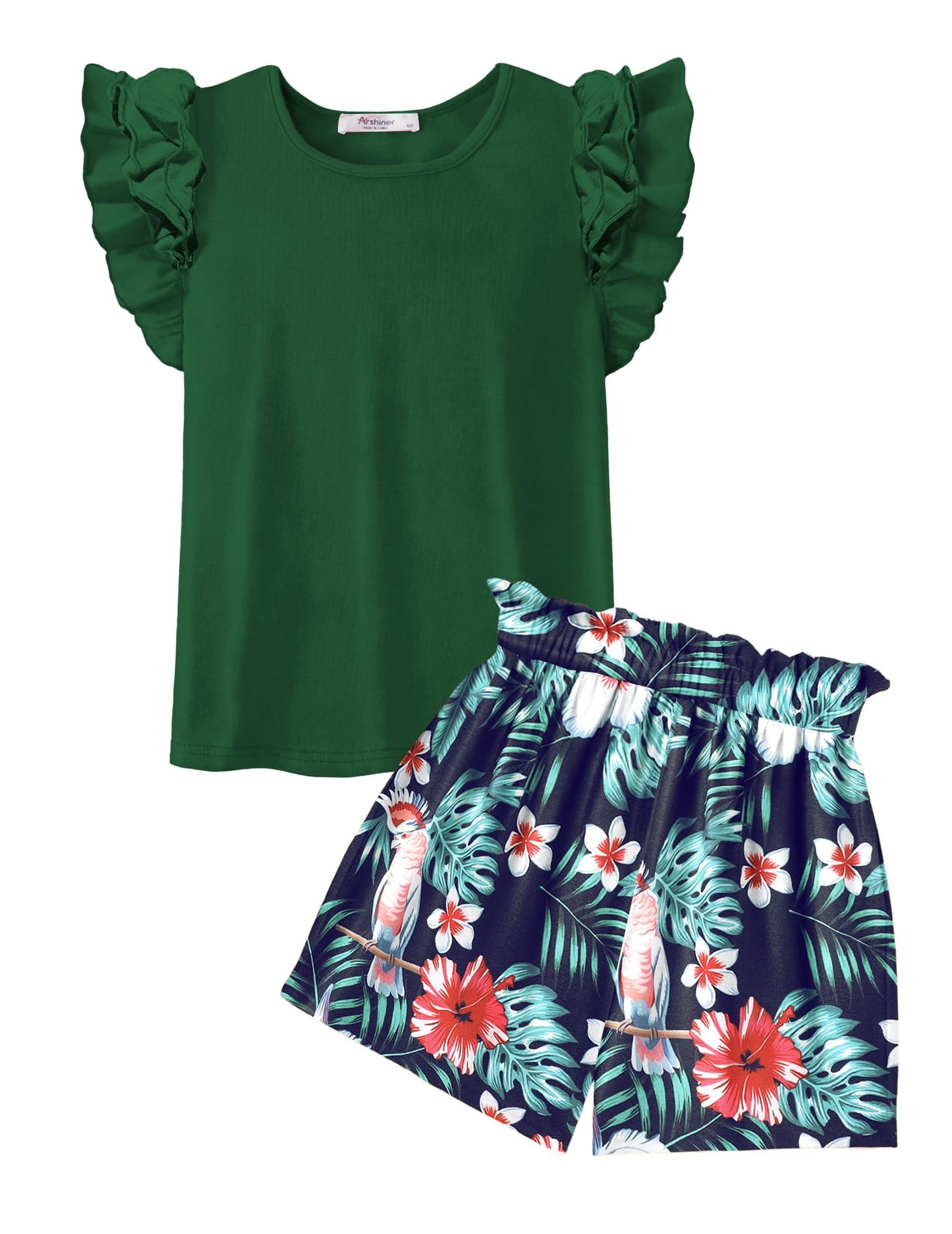 Arshiner Set di Abbigliamento per Ragazze T-shirt Estiva Pantaloncini Completo Bambini Cotone Maniche Volant Set di Abbigliamento per il Tempo Libero Moda Due Pezzi Ragazze con Tasca 6-14 Anni