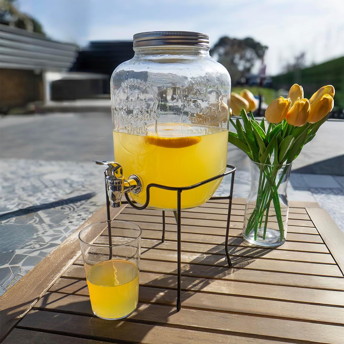 Jocca, Dispenser per Bevande in Vetro con Supporto Metallico, Serbatoio dell'acqua, Tappo a vite, Bevande Varie, Acqua, Succhi, Ghiaccio, Frutta, Cocktails, Infusi, 4 Litri