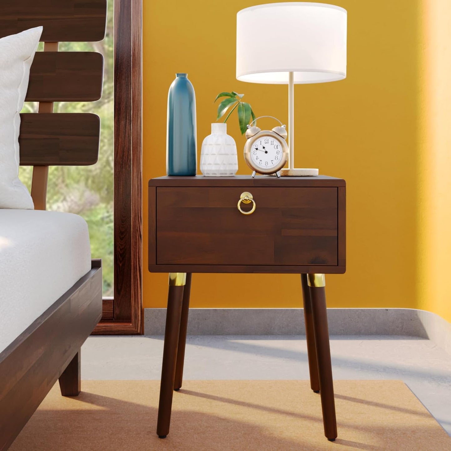 Bme Caden - Comodino in legno massello, completamente assemblato, con 1 cassetto, per camera da letto e soggiorno di metà secolo, colore: noce