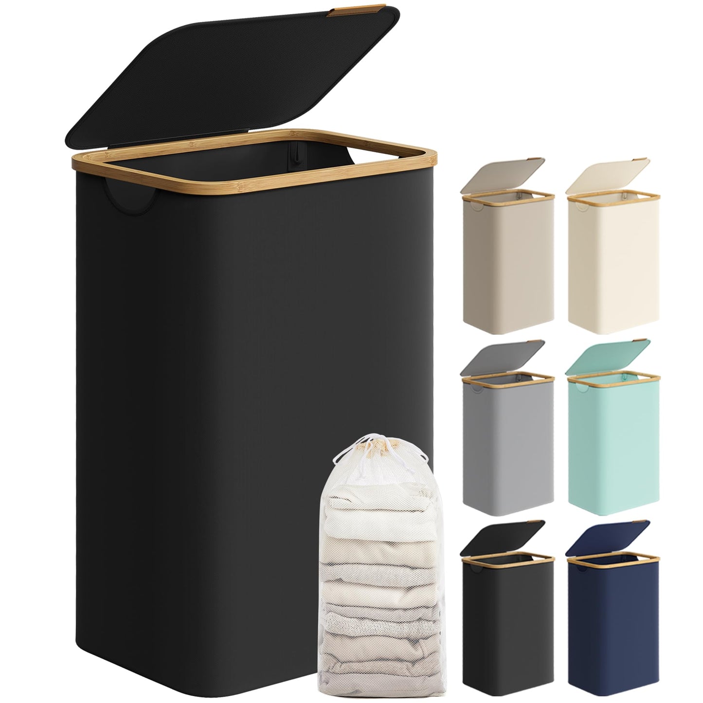 SONGMICS Cesto Portabiancheria con Coperchio, Cesta per Bucato, 65L, Salvaspazio, Sacco Rimovibile, Tessuto Oxford, Manici di Bambù, Pieghevole, 42 x 22,5 x 70,5 cm, Nero Inchiostro LCB506B01