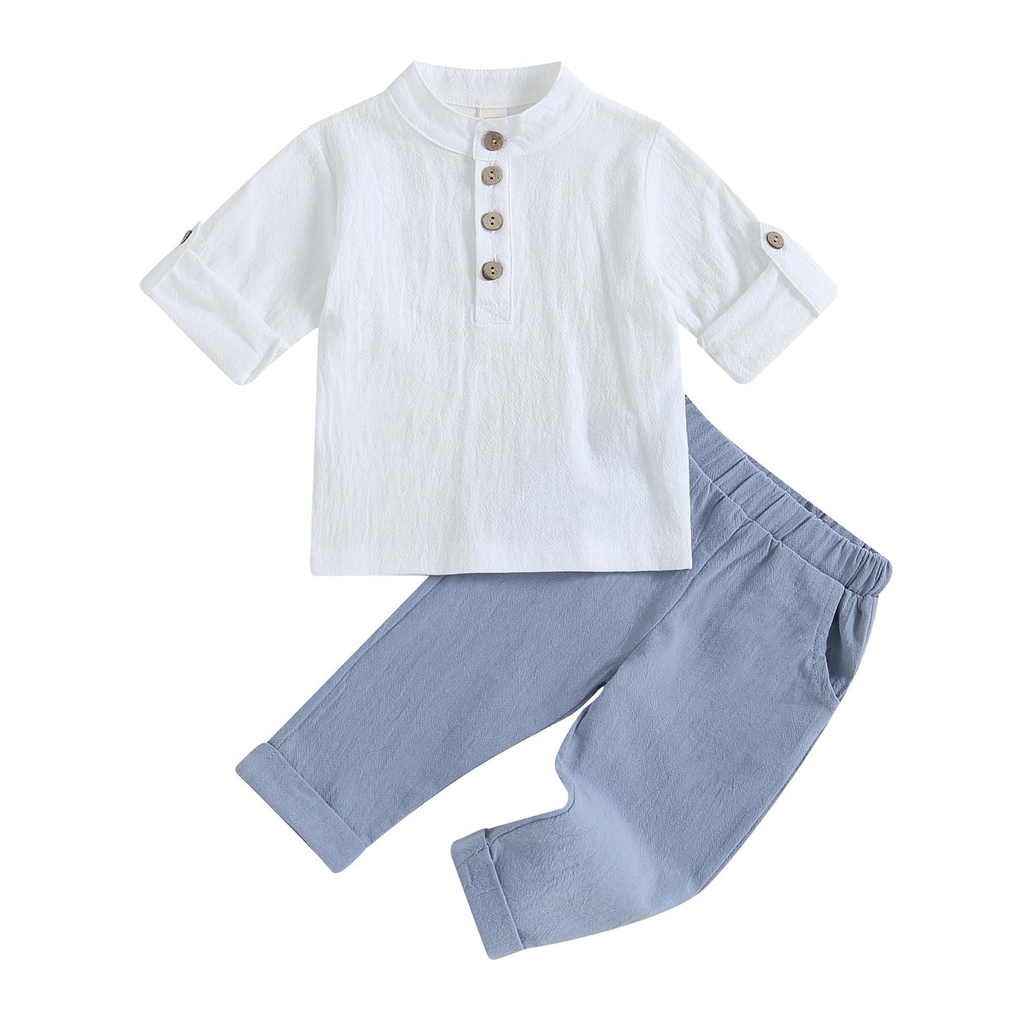 Geagodelia Completo Bambino Casual 2 Pezzi Tuta Neonato Estate Camicia Manica Corta con Bottoni +Pantaloni Lungi Vestiti Bambini Lino di Cotone
