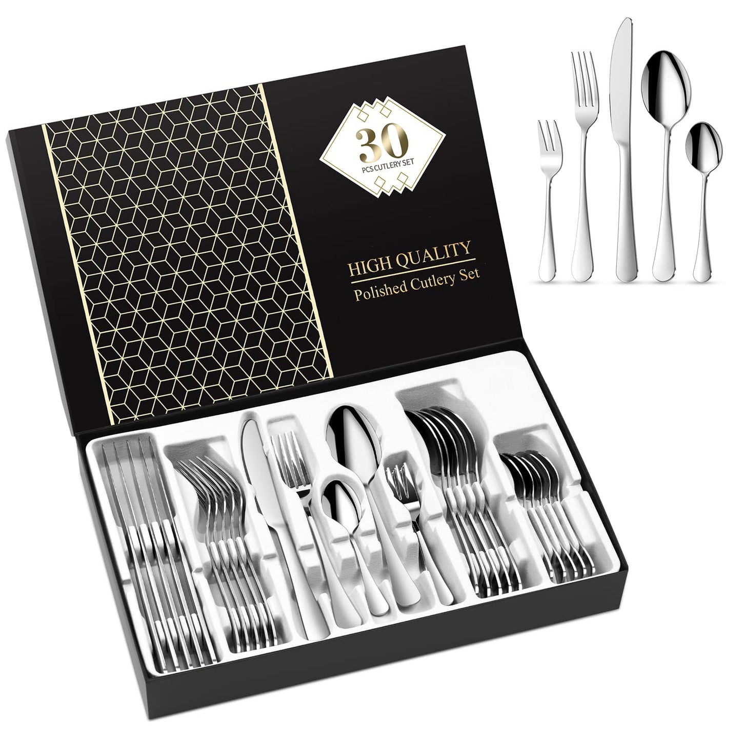 Aoeeppa Set di Posate, 30 Pezzi per 6 Persone, Posate Acciaio Inox, Lucidate a Specchio, Ideali per La Casa, Il Ristorante, Festa e Come Regalo, Lavabili in Lavastoviglie e Antiruggine (Oro)