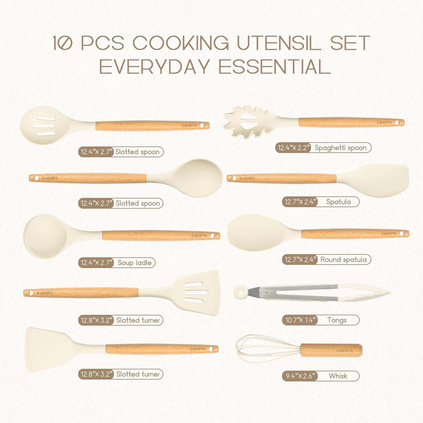 CAROTE Utensili Cucina Silicone 10 pezzi, Utensili da cucina antiaderenti resistenti al calore con manico,Cucchiai, palette e spatole in legno per cucinare,cuocere al forno, senza BPA, Lavastoviglie