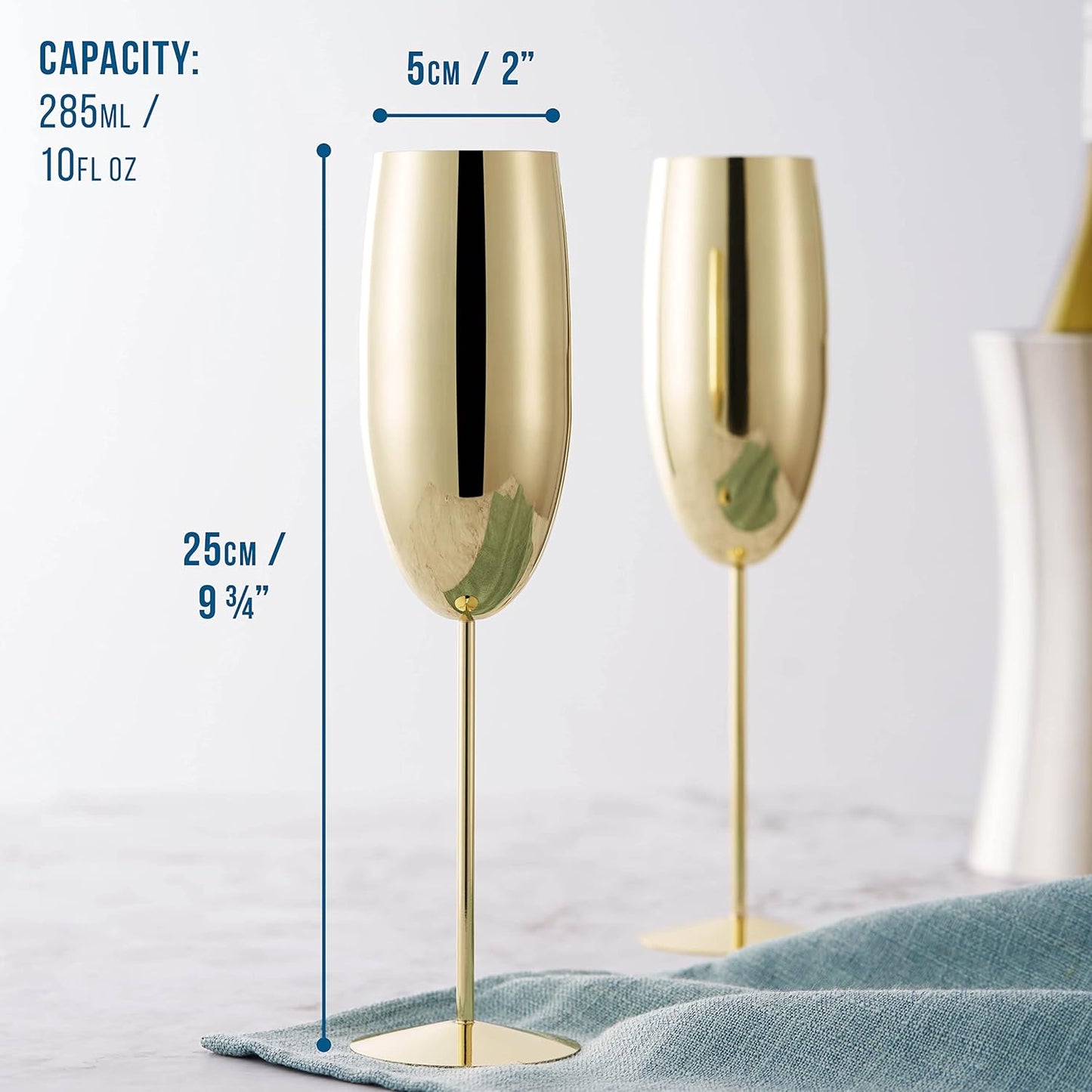 Oak & Steel - 4 Eleganti Calici da Champagne, 285 ml. In Acciaio Inossidabile Dorato - Ideale al Chiuso o All'aperto in Giardino, in Spiaggia, a Picnic, Barbecue, Campeggio e Gite in Barca