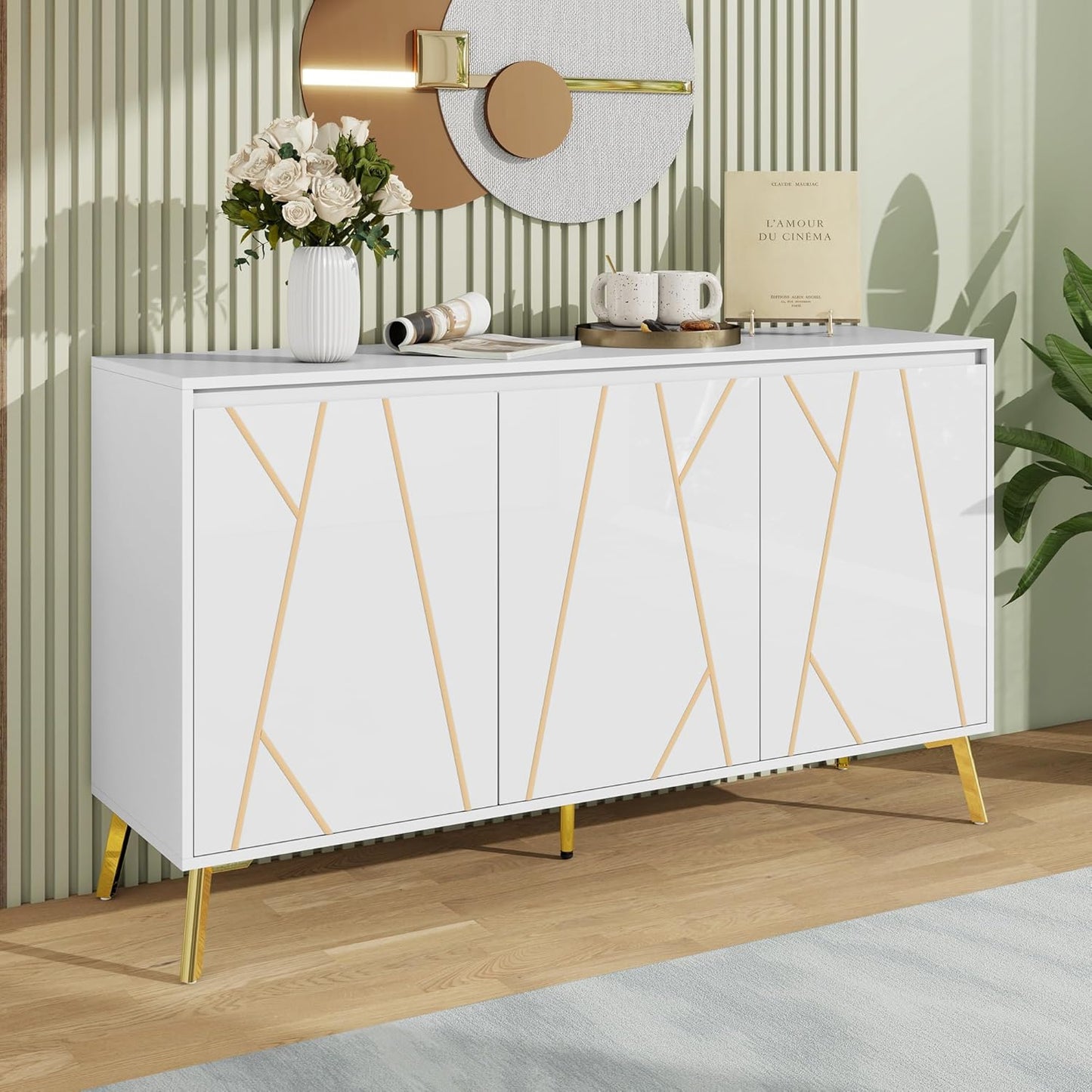 Credenza, armadio da cucina con 4 cassetti e 3 ante, per cucina, buffet con piano di lavoro, per sala da pranzo, soggiorno, 140 x 40 x 80 cm