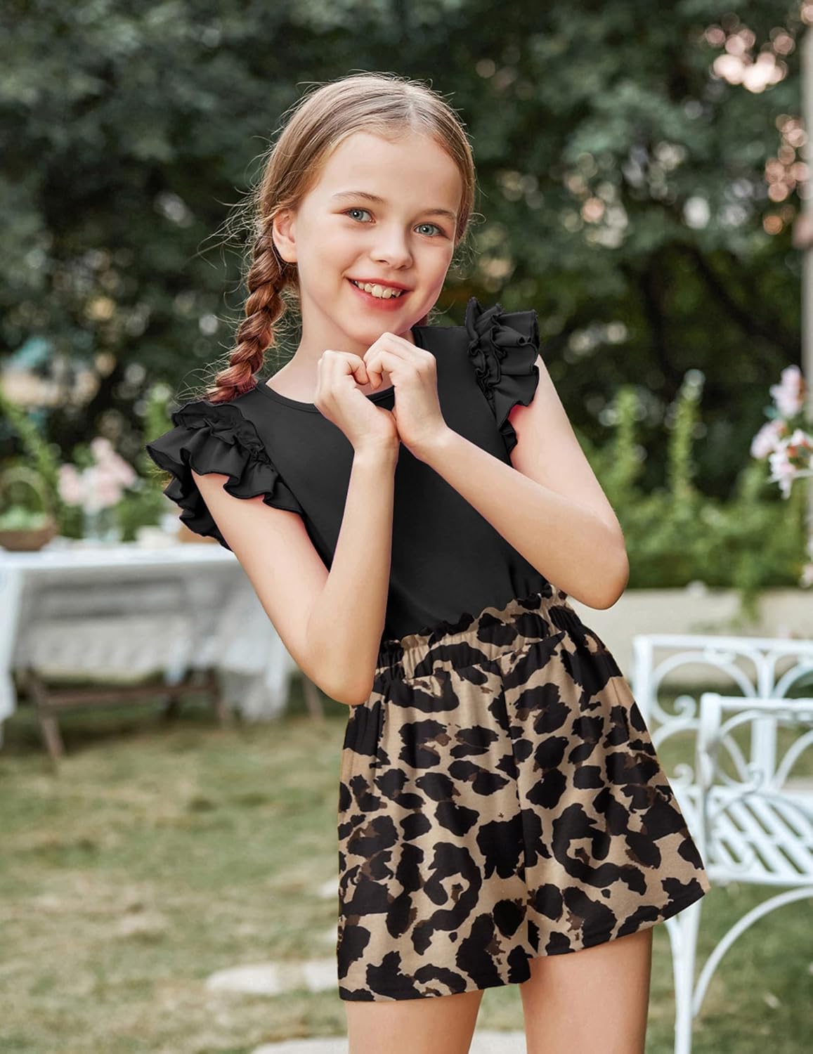 Arshiner Set di Abbigliamento per Ragazze T-shirt Estiva Pantaloncini Completo Bambini Cotone Maniche Volant Set di Abbigliamento per il Tempo Libero Moda Due Pezzi Ragazze con Tasca 6-14 Anni