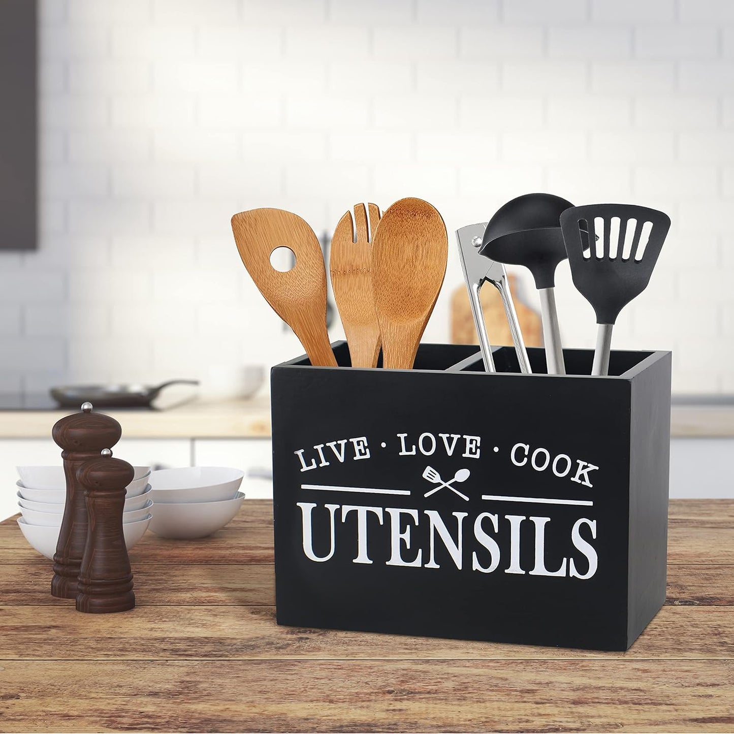 Karisky Portautensili da cucina con fondo rimovibile, grande 2 scomparti, organizer per utensili da fattoria, per decorazione da piano di lavoro, 22,9 x 17,8 x 12,7 cm, nero