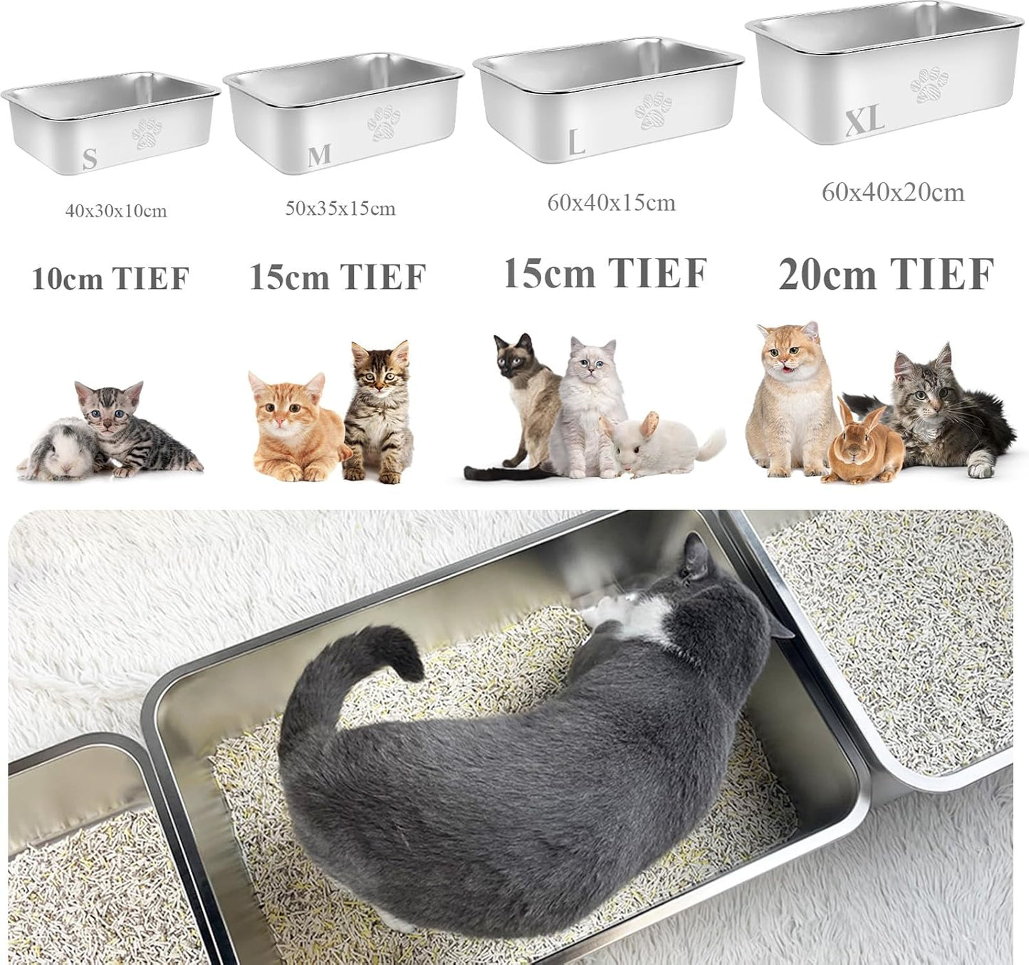 PTLOM Lettiera per gatti in acciaio inossidabile, grande lettiera per gatti in metallo, antispruzzo, inodore e antiaderente, adatta per gatti grandi e piccoli, conigli, zampa di Tabby, 60x40x15cm