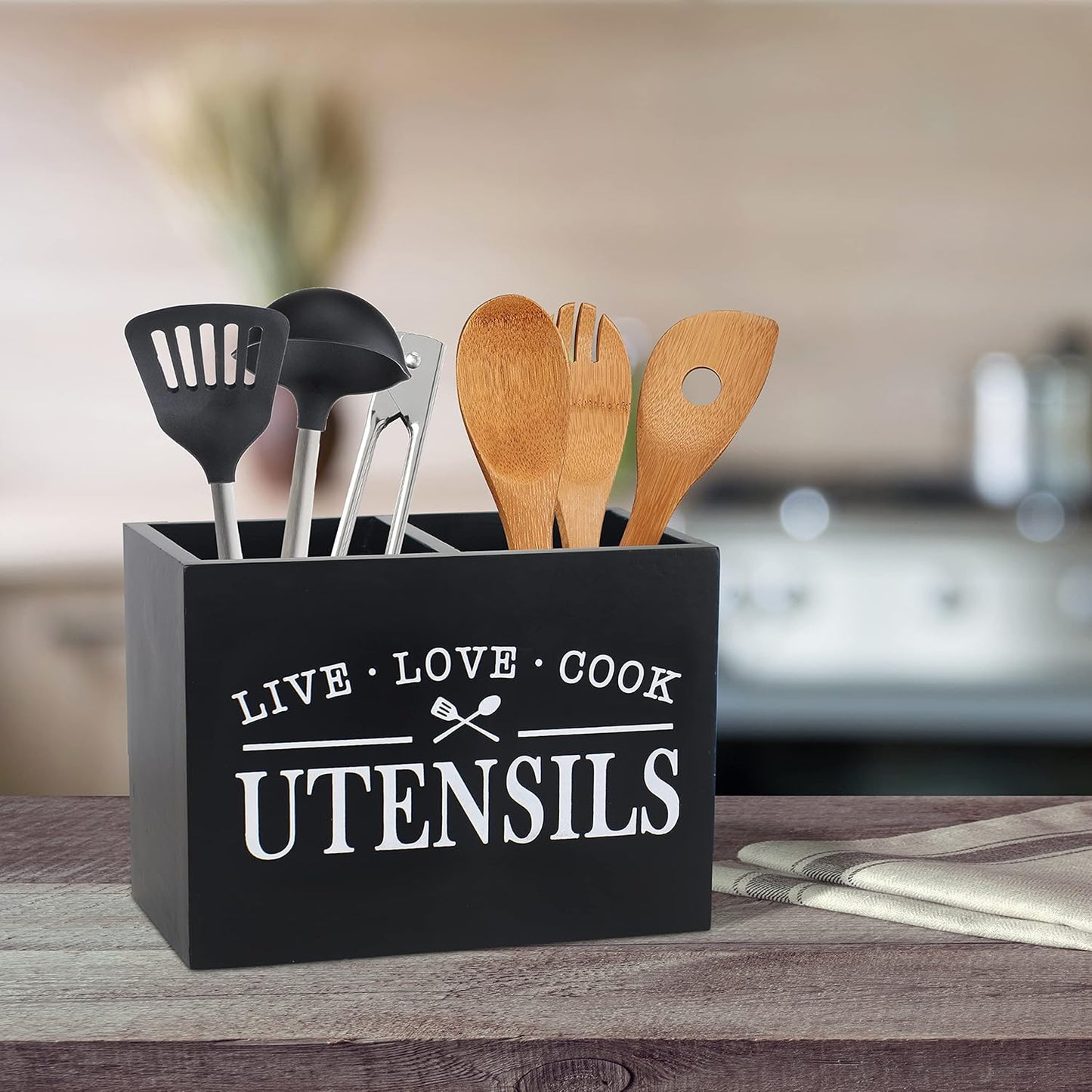 Karisky Portautensili da cucina con fondo rimovibile, grande 2 scomparti, organizer per utensili da fattoria, per decorazione da piano di lavoro, 22,9 x 17,8 x 12,7 cm, nero