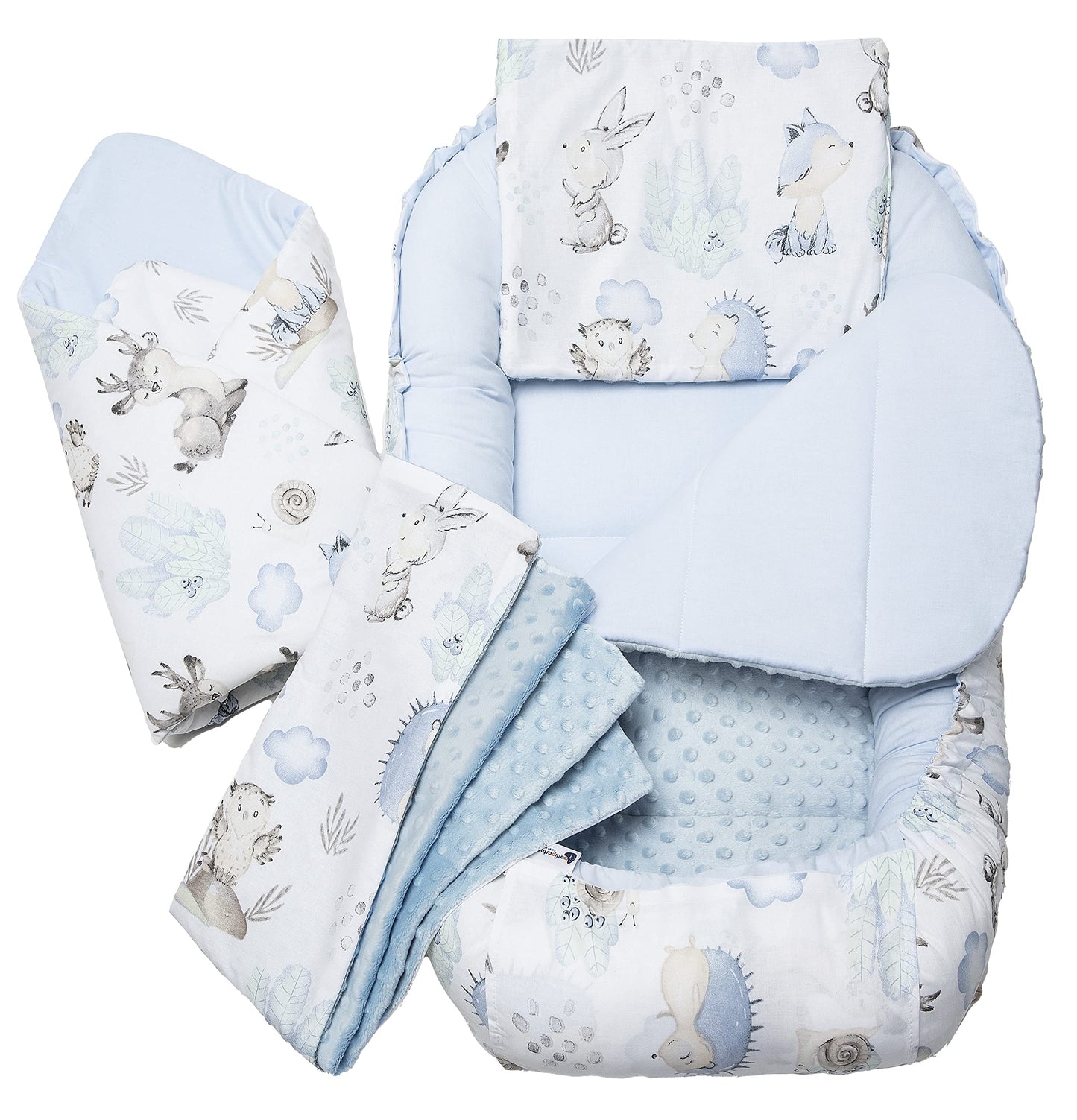 Medi Partners 5-Parti Nido per Bebè 100x60x15 Inserto Rimovibile Letto Cuscino Coperta bambini neonati 100% Cotone (Safari con Minky beige)