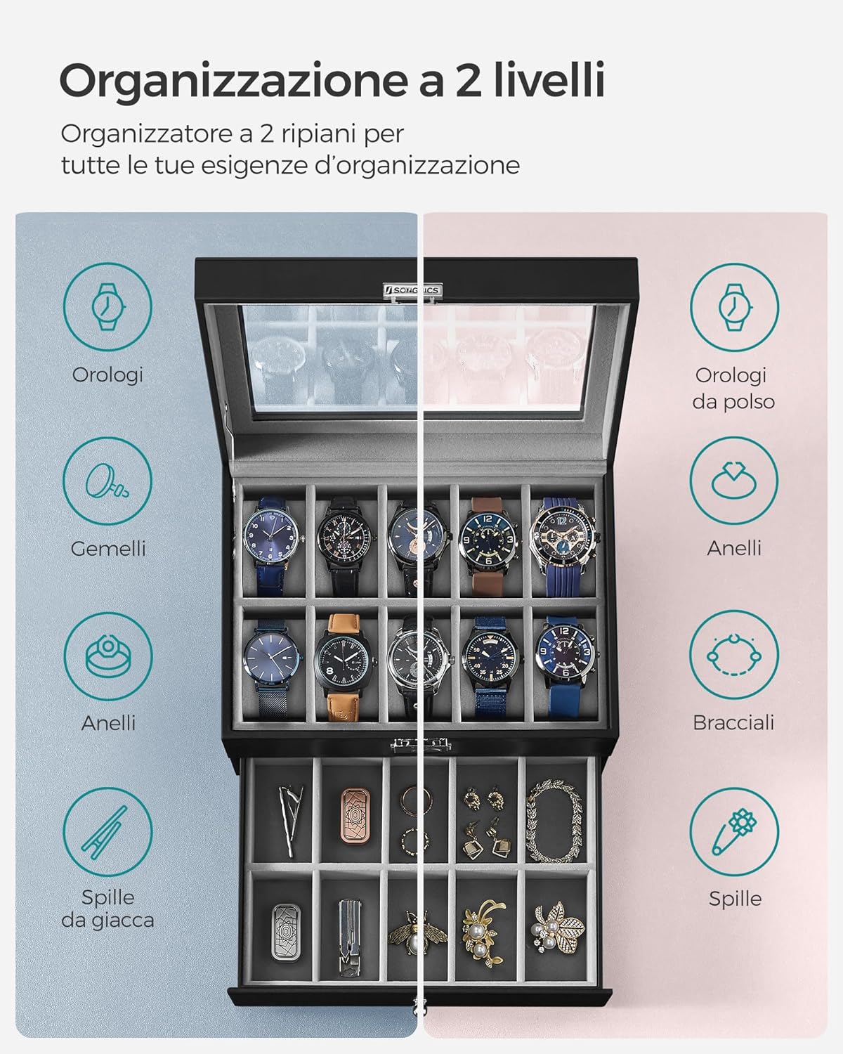 SONGMICS Porta Orologi, Scatola Portaorologi a 2 Livelli, Coperchio in Vetro, con Cuscinetti Rimovibili, Idea Regalo, Superficie in PU Nera, Interno Grigio JWB020