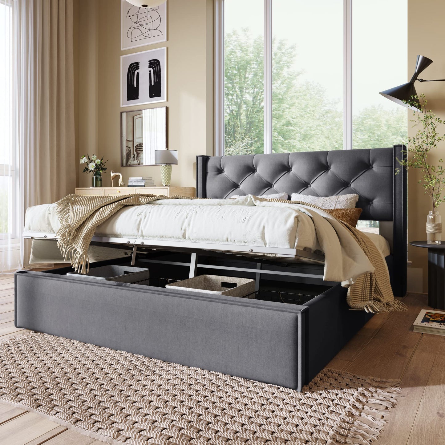 Letto Imbottito 160X200 Idraulico per Adulti con Rete a Doghe in Legno, Struttura e Testata, Moderna con Contenitore Sottoletto, Cotone, Grigio Chiaro, Senza Materasso