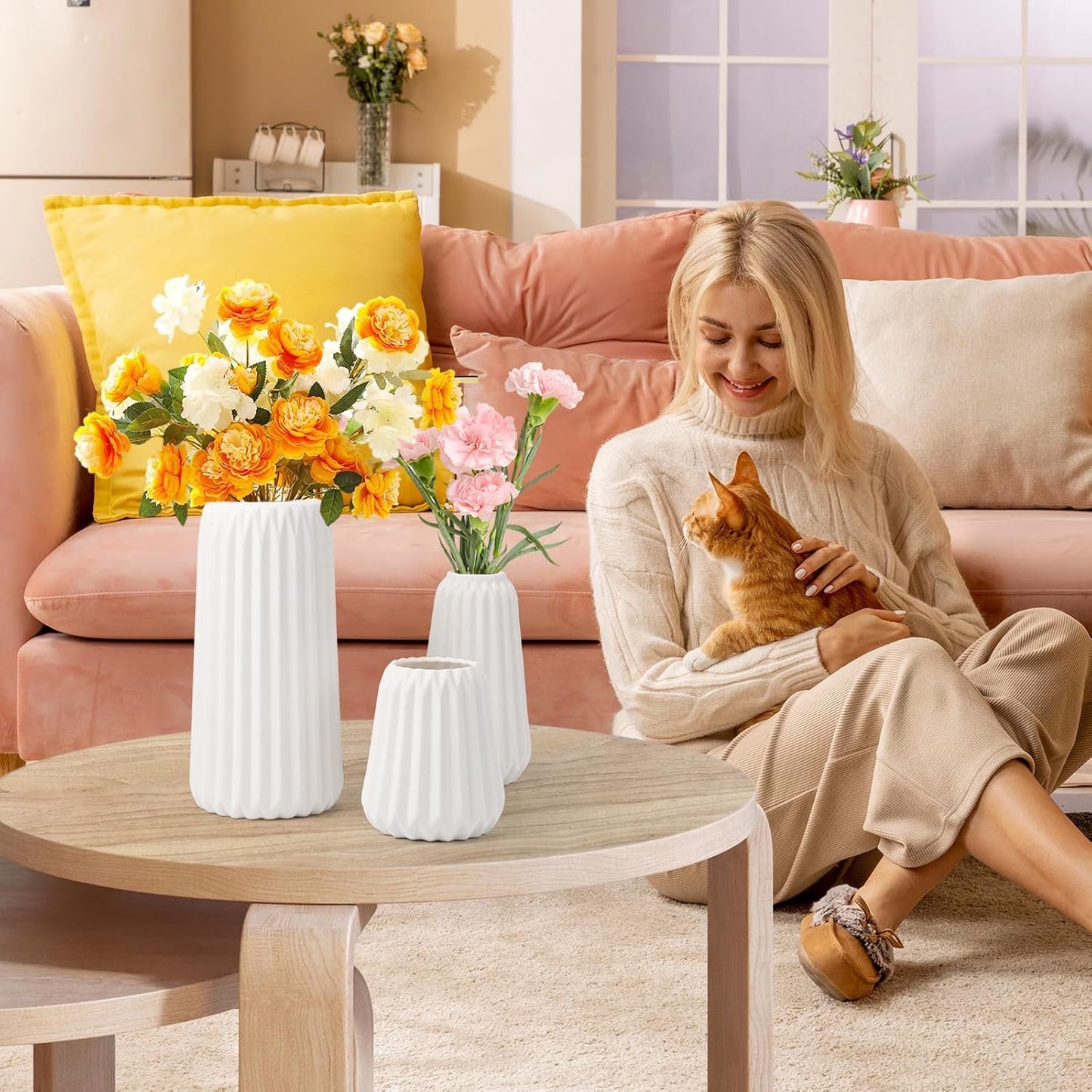 Vaso in Ceramica Bianca da 3 Pezzi, Blumacht Fiori Secchi Pampas Erba Vasi per Centrotavola Bouquet, Moderno Ingresso Tavolo Mensola Camera da Letto Soggiorno Arredamento
