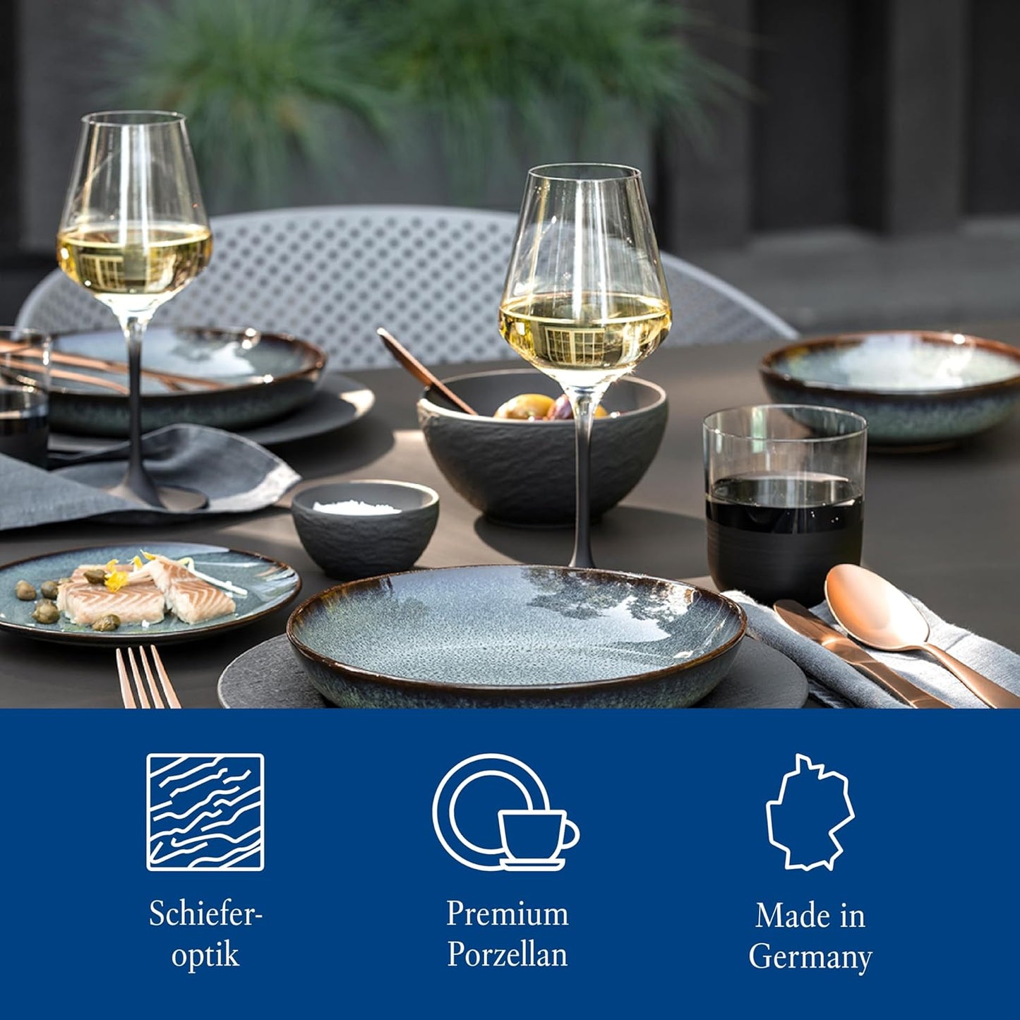 Villeroy & Boch - Manufacture Starter Set 6 Pezzi Nero, Lavabile in Lavastoviglie, Adatto per Microonde, Piatti Ardesia, Scodella, Servizio, Set di Stoviglie, Porcellana Premium