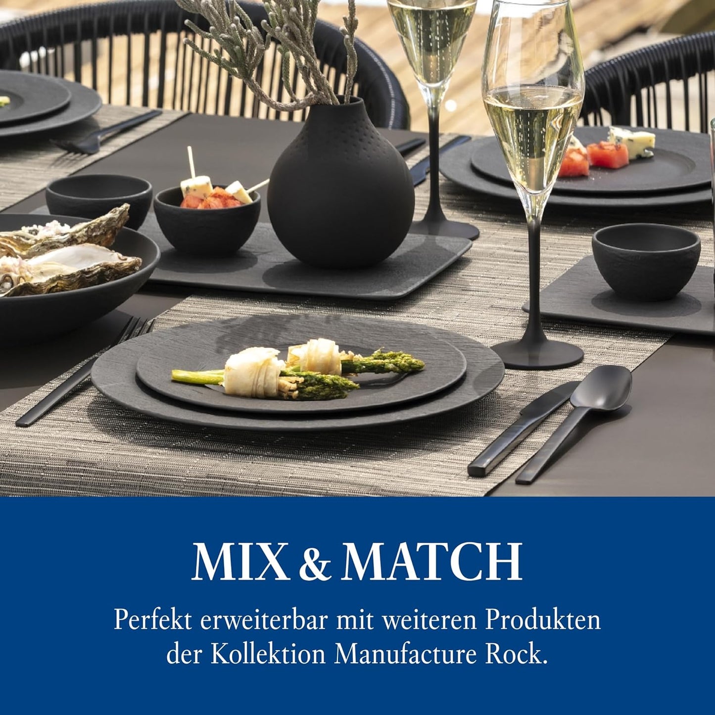 Villeroy & Boch - Manufacture Starter Set 6 Pezzi Nero, Lavabile in Lavastoviglie, Adatto per Microonde, Piatti Ardesia, Scodella, Servizio, Set di Stoviglie, Porcellana Premium