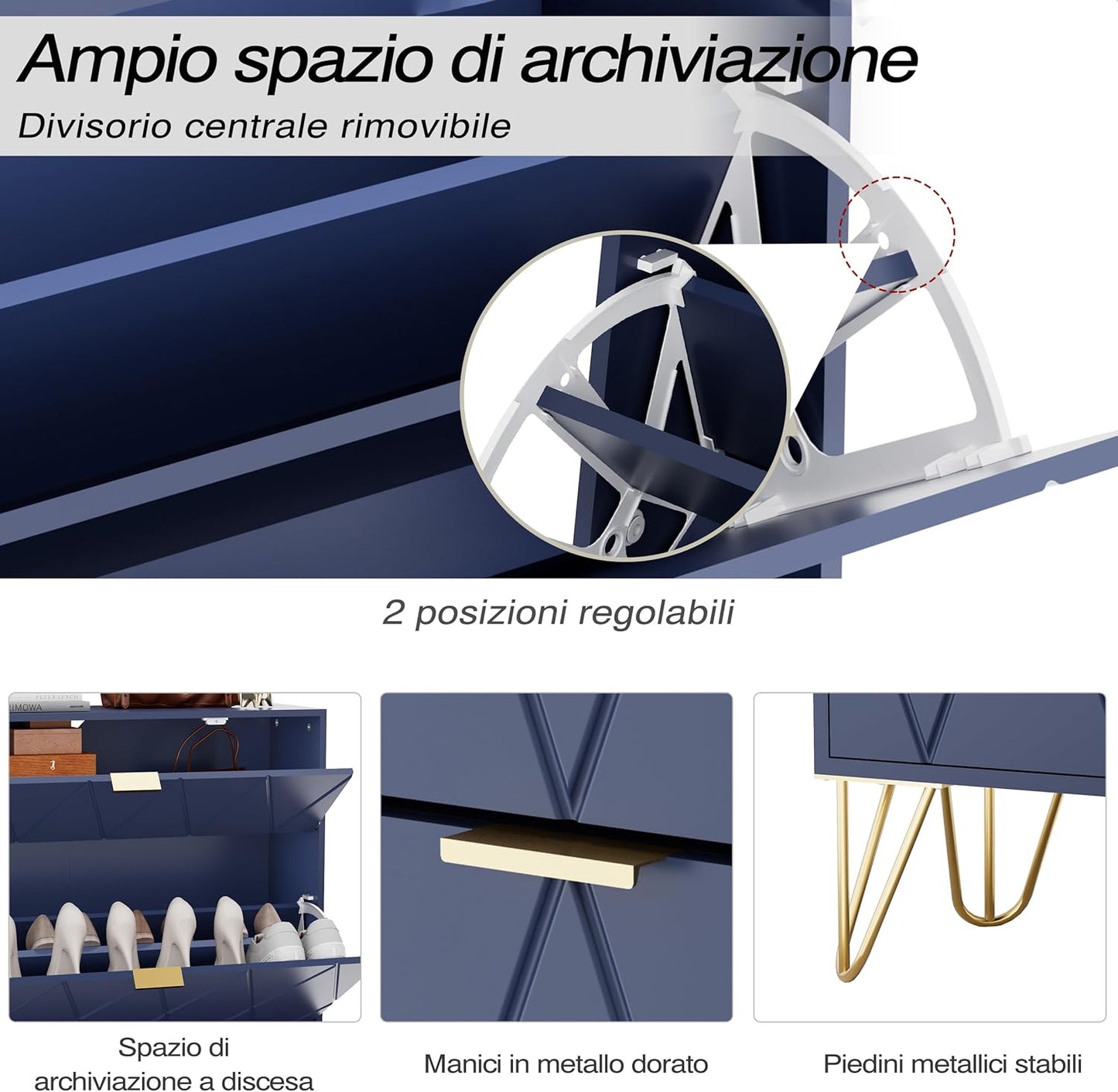 UEV Scarpiera Salvaspazio Slim in Legno Ingegnerizzato, Scarpiera Ingresso da Portascarpe con 3 Ante a Ribalta, Porta Scarpe per 16 Paia, 80 x 24 x 120 cm, Blu