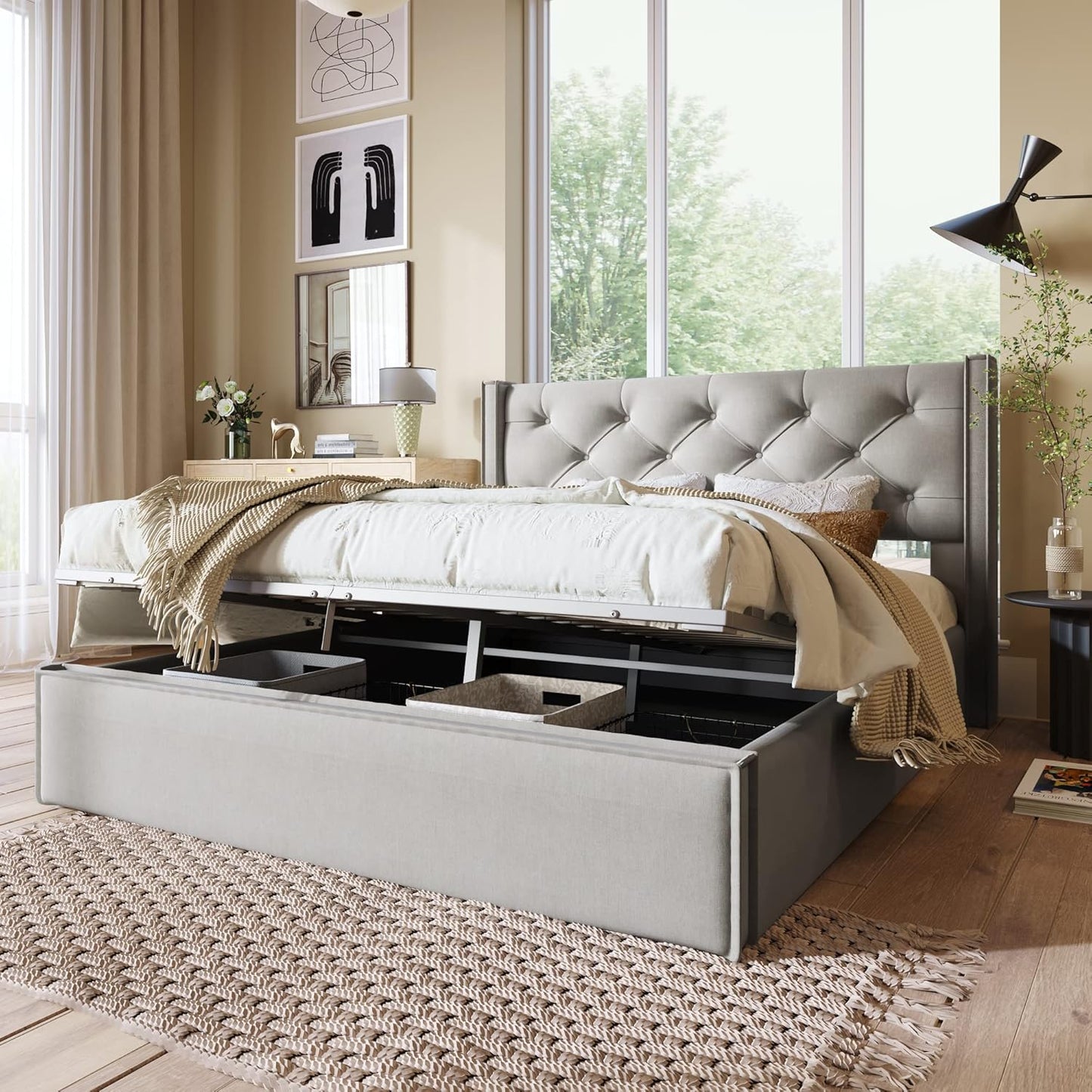 Letto Imbottito 160X200 Idraulico per Adulti con Rete a Doghe in Legno, Struttura e Testata, Moderna con Contenitore Sottoletto, Cotone, Grigio Chiaro, Senza Materasso