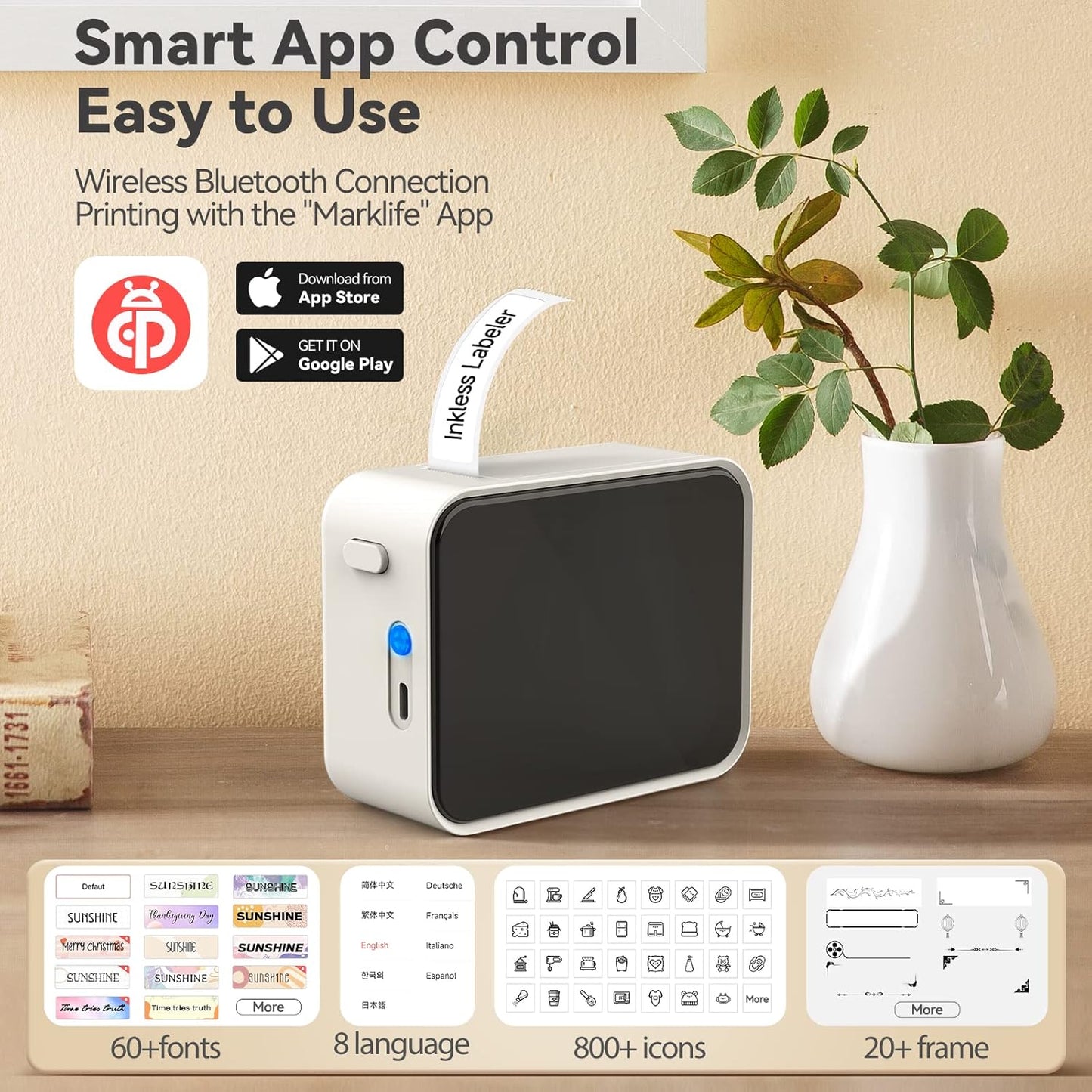 Pristar P15 Mini Etichettatrice Bluetooth - Portatile Stampante per etichette termica, Etichettatrice Etichette Adesive, Ricarica USB, Compatibile con i sistemi Android e iOS - Bianca