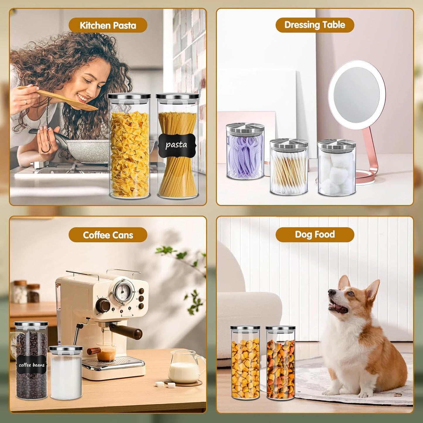 Set di 8 Barattoli di Vetro con Coperchio Barattoli di Vetro Ermetici 450ml/650ml/950ml/1350ml Barattoli Vetro Barattolo Vetro con Coperchio per Pasta Farina Zucchero Caffè Prodotti