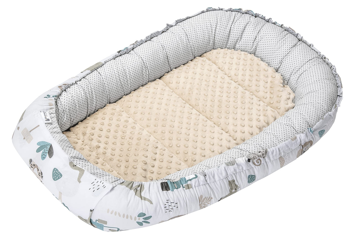 Medi Partners 5-Parti Nido per Bebè 100x60x15 Inserto Rimovibile Letto Cuscino Coperta bambini neonati 100% Cotone (Safari con Minky beige)