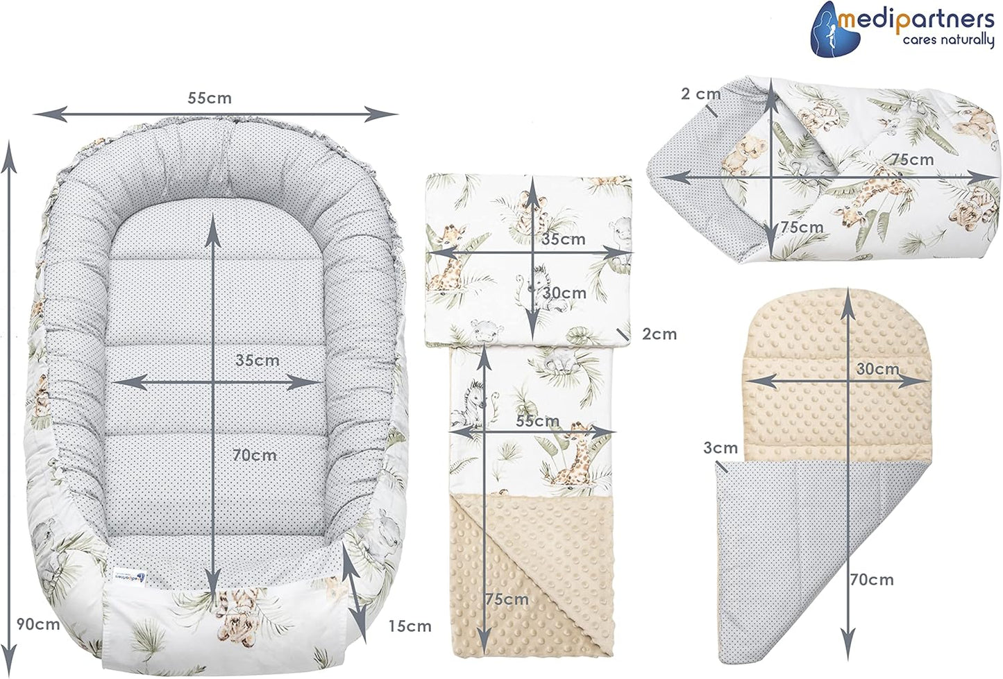 Medi Partners 5-Parti Nido per Bebè 100x60x15 Inserto Rimovibile Letto Cuscino Coperta bambini neonati 100% Cotone (Safari con Minky beige)