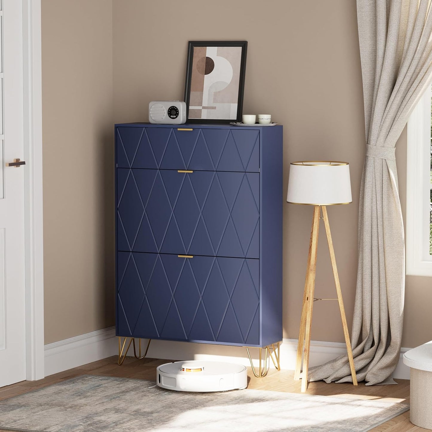UEV Scarpiera Salvaspazio Slim in Legno Ingegnerizzato, Scarpiera Ingresso da Portascarpe con 3 Ante a Ribalta, Porta Scarpe per 16 Paia, 80 x 24 x 120 cm, Blu