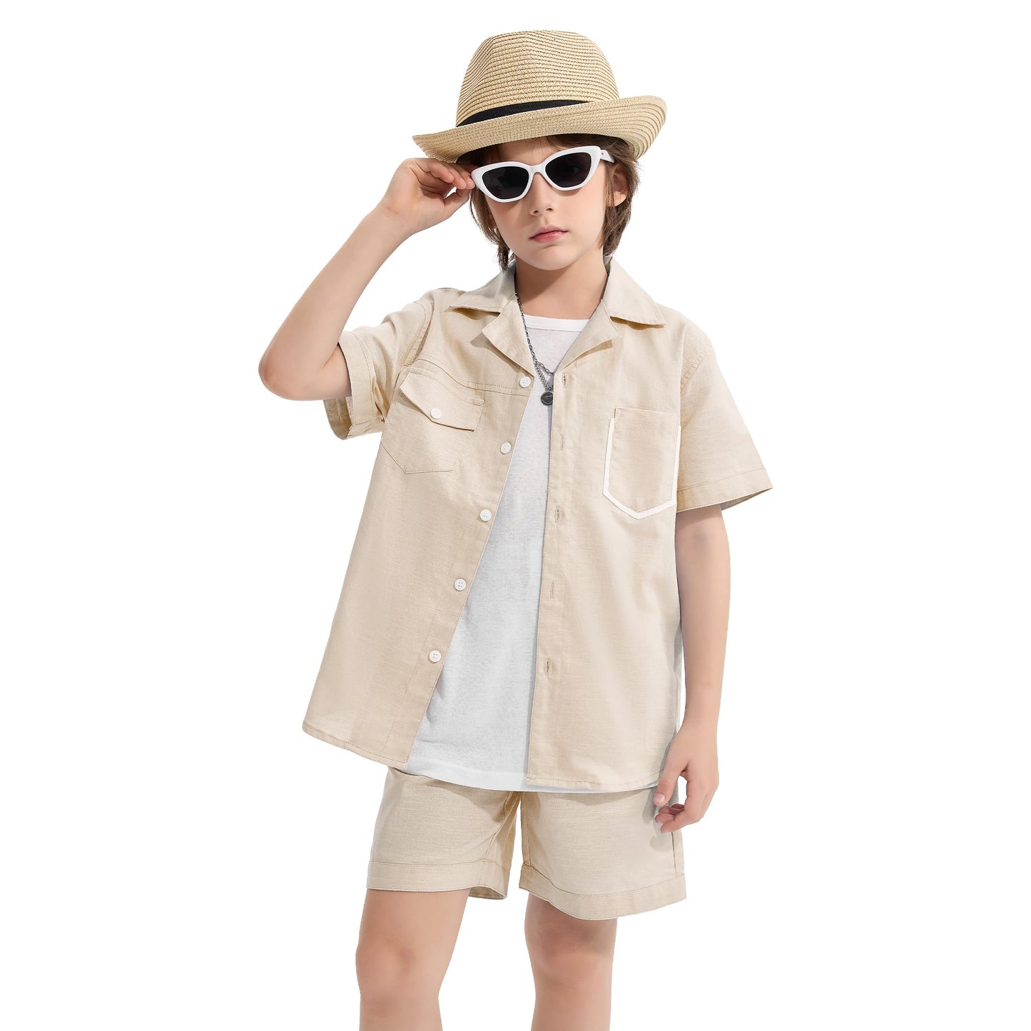 LOLANTA Set 2 Pezzi Abbigliamento Estivo Bambino, Camicia a Maniche Corte con Bottoni e Pantaloncini in Lino e Cotone, 5-12 Anni
