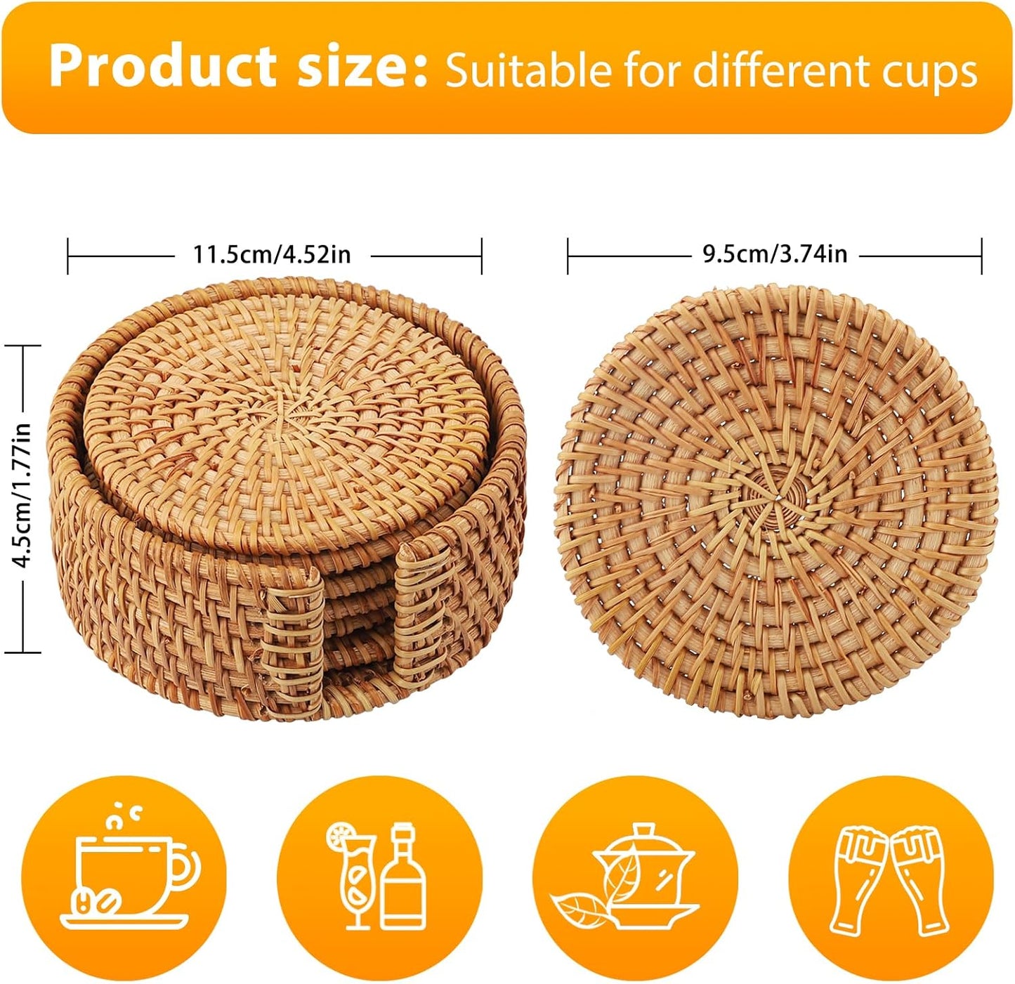 Set di sottobicchieri in rattan con supporto - Set da 6 sottobicchieri per bicchieri, tazze, bar - Sottobicchieri rotondi in sughero per bevande - Decorativi - Set di sottobicchieri in vetro