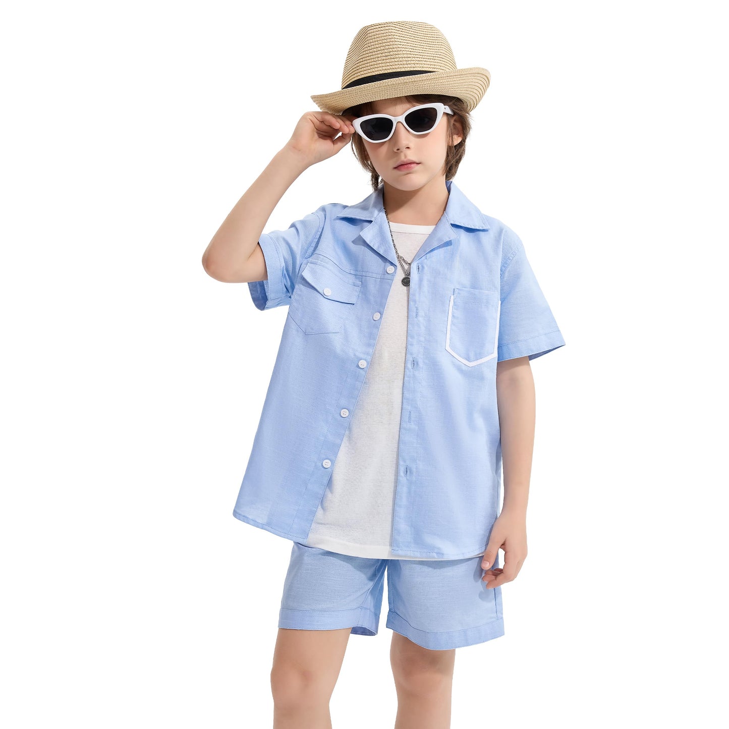 LOLANTA Set 2 Pezzi Abbigliamento Estivo Bambino, Camicia a Maniche Corte con Bottoni e Pantaloncini in Lino e Cotone, 5-12 Anni