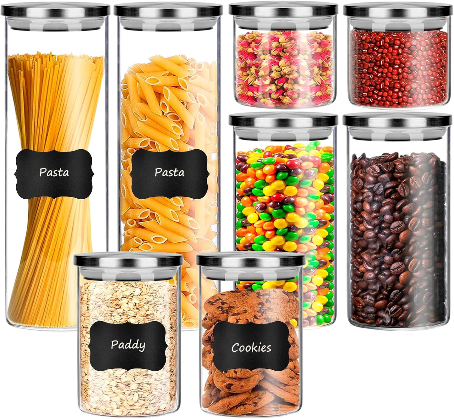 Set di 8 Barattoli di Vetro con Coperchio Barattoli di Vetro Ermetici 450ml/650ml/950ml/1350ml Barattoli Vetro Barattolo Vetro con Coperchio per Pasta Farina Zucchero Caffè Prodotti
