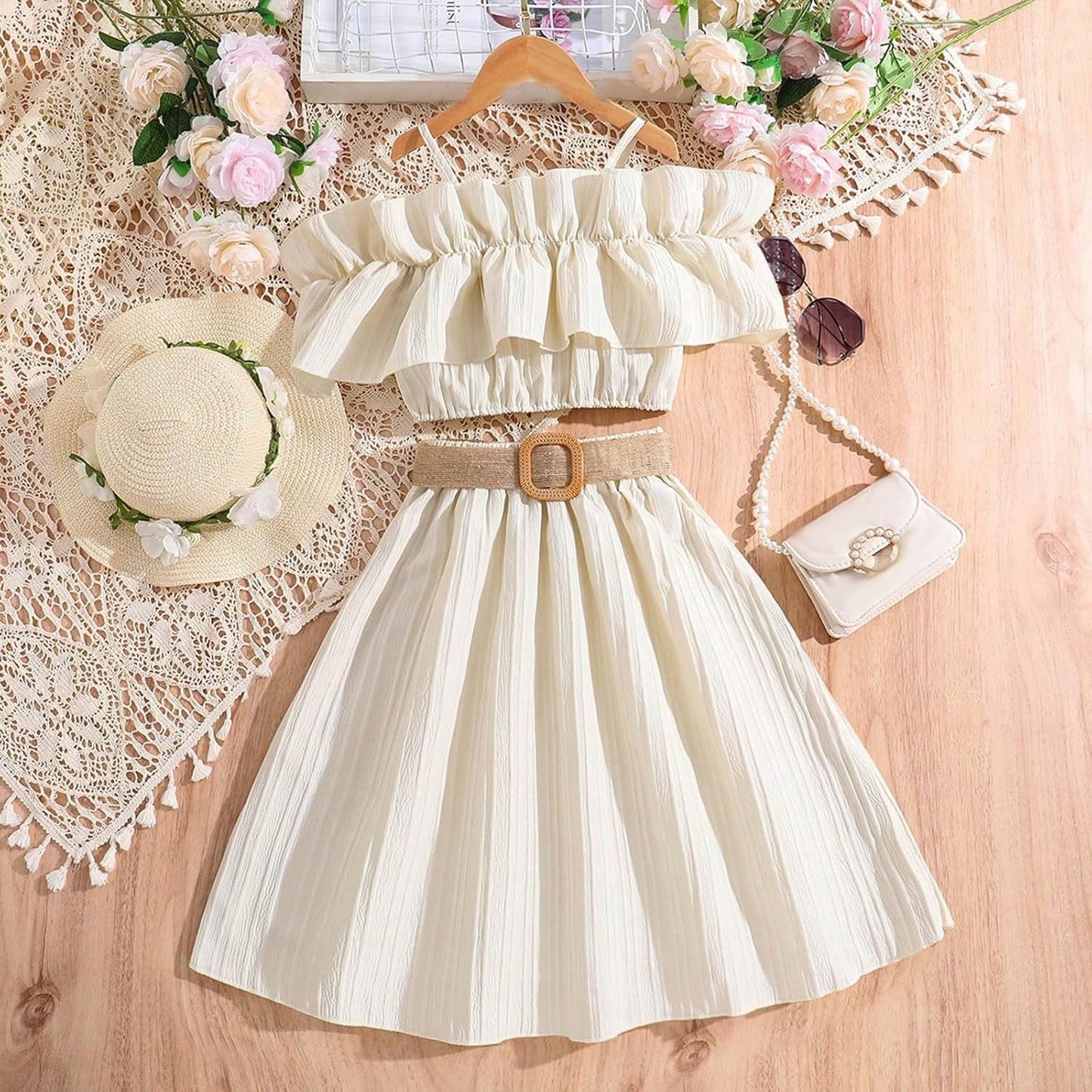 Completo Estivo 5 Anni Le ragazze del bambino inverno senza maniche in tinta unita volant top gonna con cintura 3 pezzi abiti set di vestiti per Bimbe