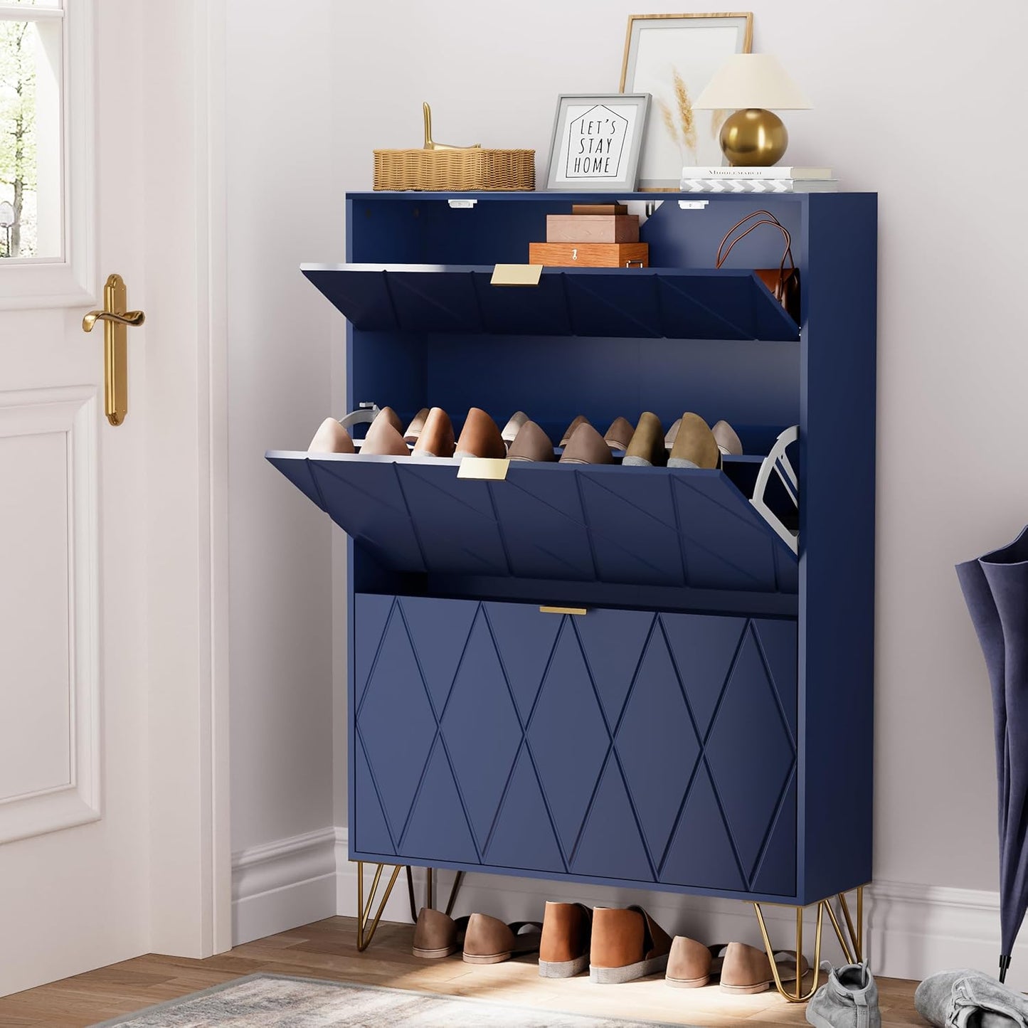 UEV Scarpiera Salvaspazio Slim in Legno Ingegnerizzato, Scarpiera Ingresso da Portascarpe con 3 Ante a Ribalta, Porta Scarpe per 16 Paia, 80 x 24 x 120 cm, Blu