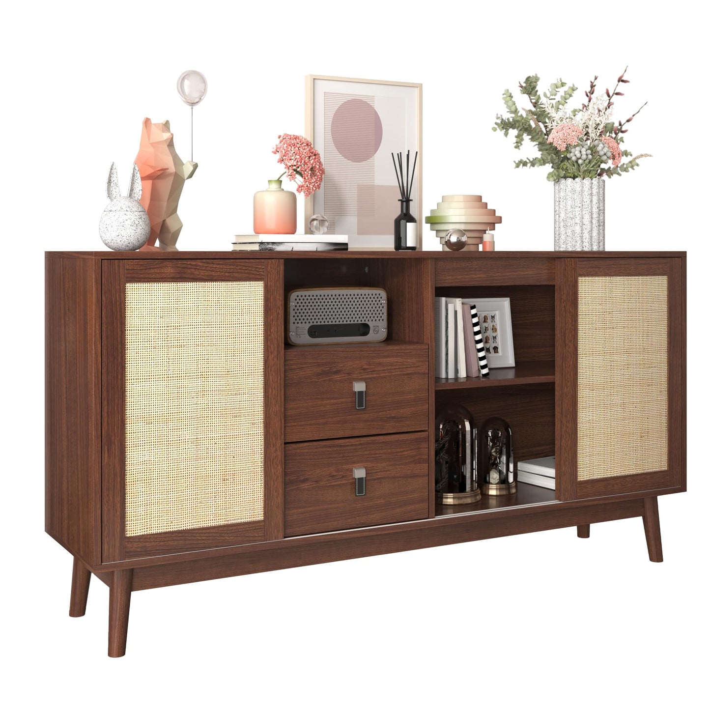 Credenza, armadio da cucina con 4 cassetti e 3 ante, per cucina, buffet con piano di lavoro, per sala da pranzo, soggiorno, 140 x 40 x 80 cm