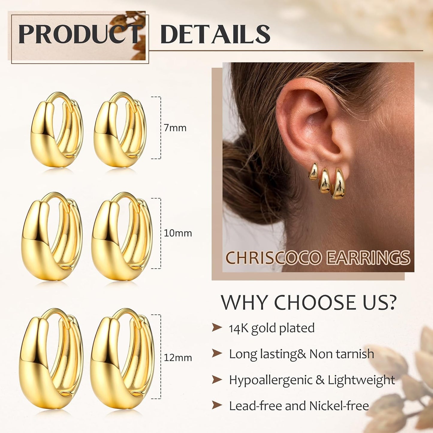 Chriscoco 3 Paia Orecchini Cerchio Donna Orecchini Cerchio Oro Placcato 14K Orecchini Cerchio Argento Ipoallergenico Orecchini a Cerchio Piccoli per Fori Multipli