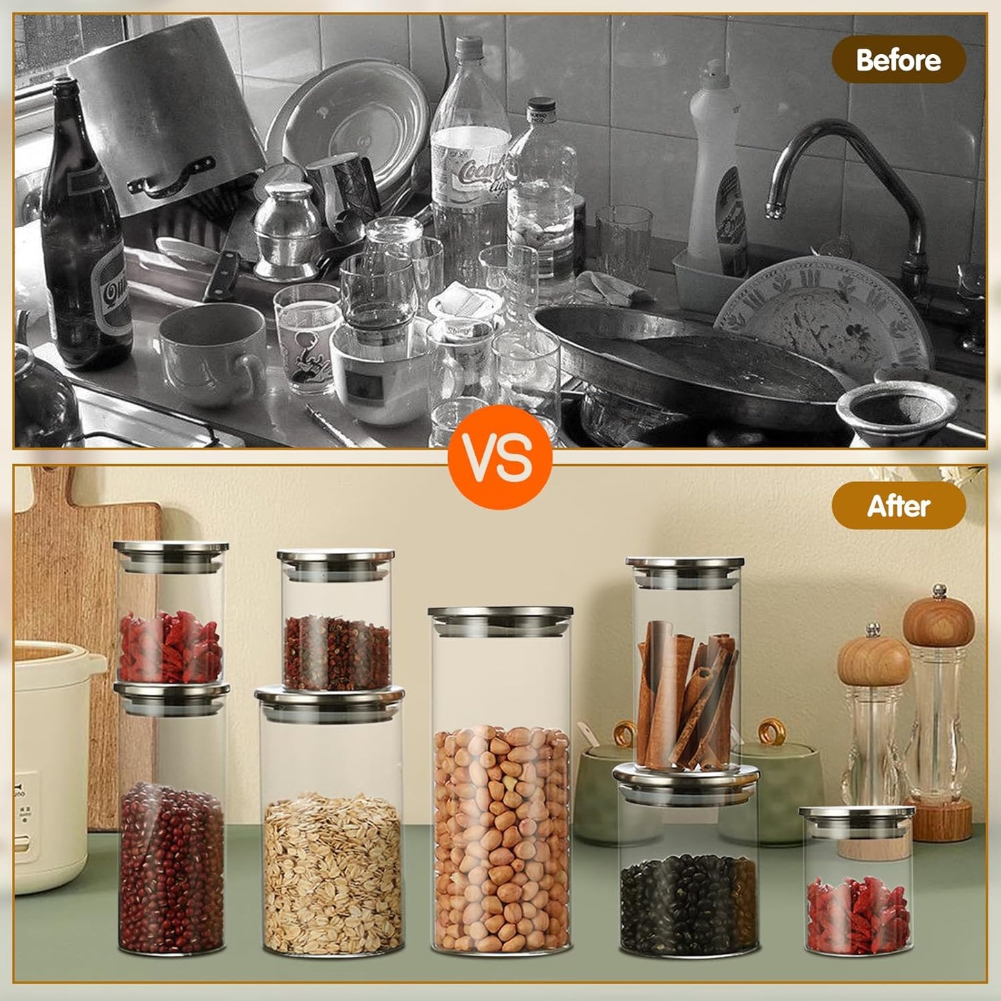 Set di 8 Barattoli di Vetro con Coperchio Barattoli di Vetro Ermetici 450ml/650ml/950ml/1350ml Barattoli Vetro Barattolo Vetro con Coperchio per Pasta Farina Zucchero Caffè Prodotti