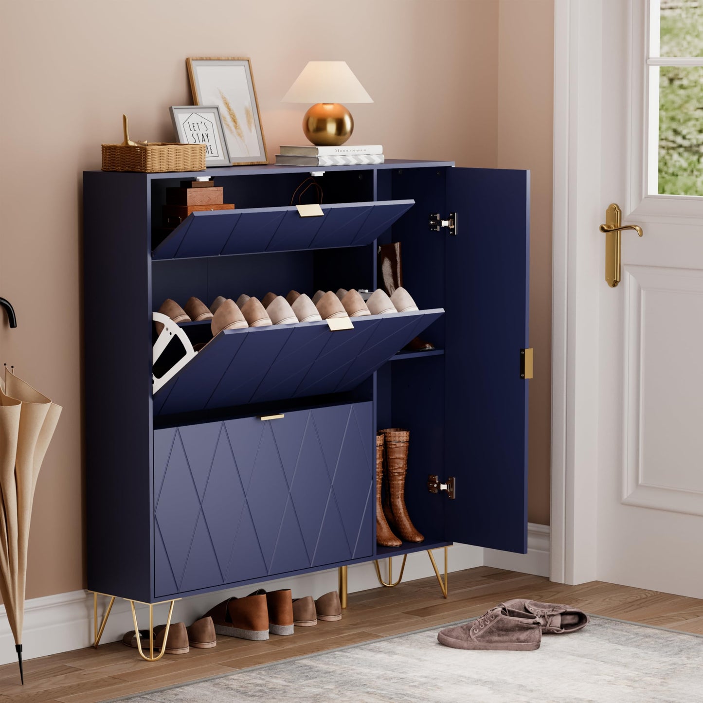 UEV Scarpiera Salvaspazio Slim in Legno Ingegnerizzato, Scarpiera Ingresso da Portascarpe con 3 Ante a Ribalta, Porta Scarpe per 16 Paia, 80 x 24 x 120 cm, Blu