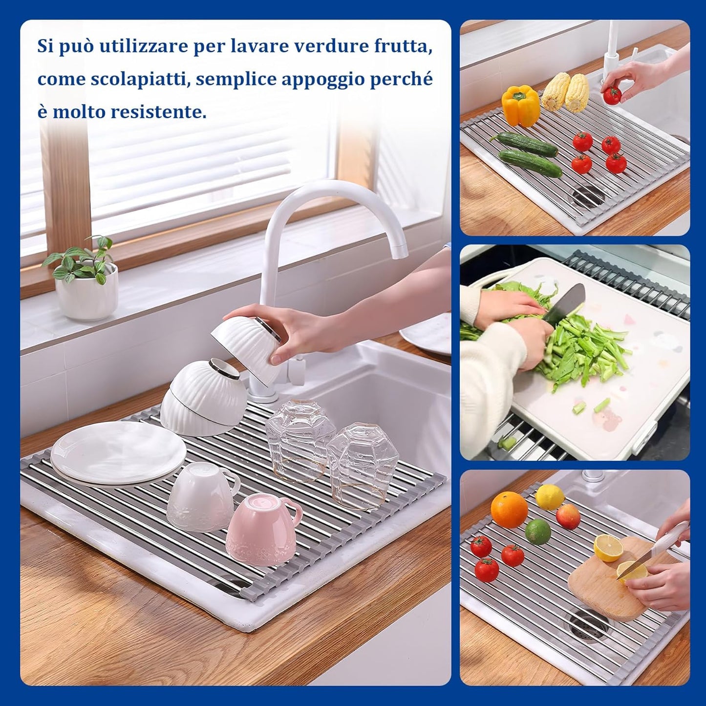 2 Pezzi Scolapiatti da Appoggio, Scolapiatti Pieghevole in Acciaio inox Sopra il Lavello della Cucina, Scolapiatti per Organizer Tappetino per Tazze, Spugne per Pulire,Frutta, Verdura(Grigio)