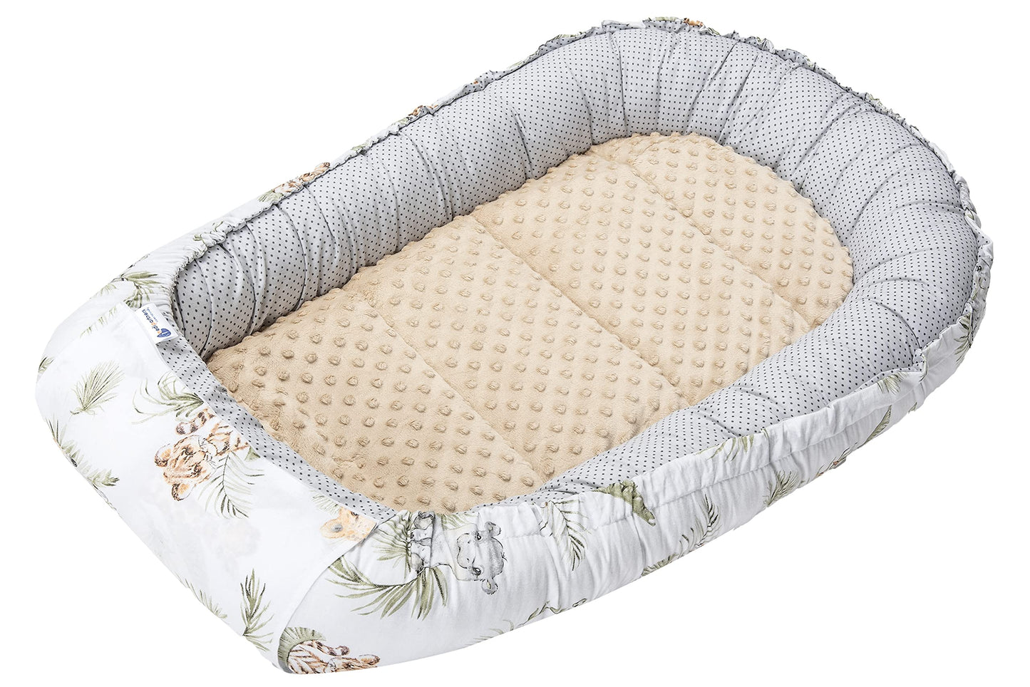 Medi Partners 5-Parti Nido per Bebè 100x60x15 Inserto Rimovibile Letto Cuscino Coperta bambini neonati 100% Cotone (Safari con Minky beige)