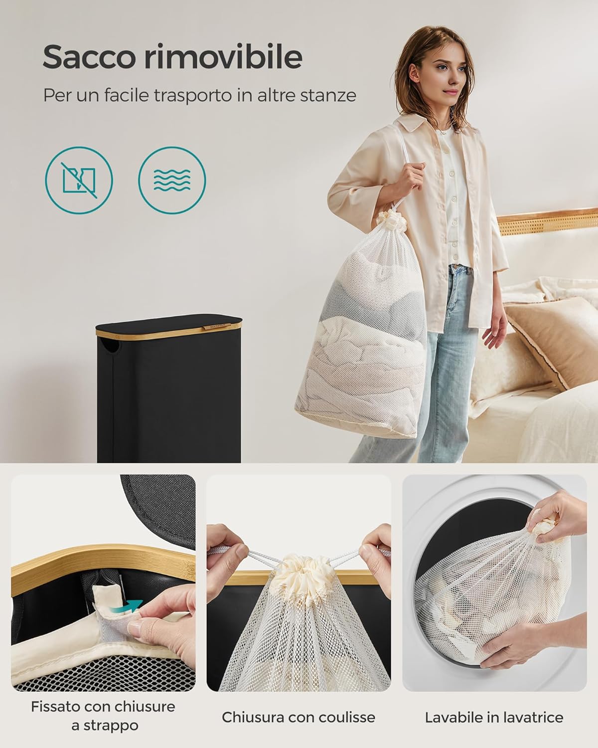 SONGMICS Cesto Portabiancheria con Coperchio, Cesta per Bucato, 65L, Salvaspazio, Sacco Rimovibile, Tessuto Oxford, Manici di Bambù, Pieghevole, 42 x 22,5 x 70,5 cm, Nero Inchiostro LCB506B01