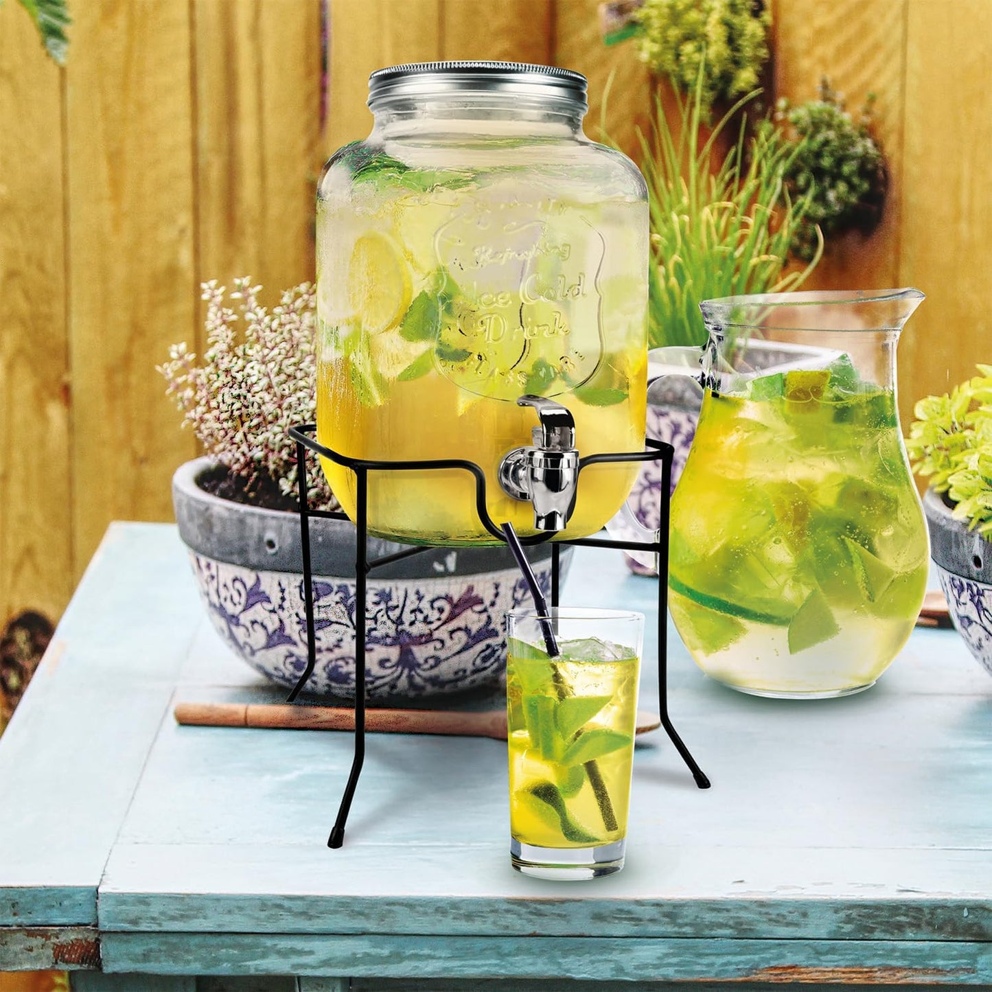 Jocca, Dispenser per Bevande in Vetro con Supporto Metallico, Serbatoio dell'acqua, Tappo a vite, Bevande Varie, Acqua, Succhi, Ghiaccio, Frutta, Cocktails, Infusi, 4 Litri