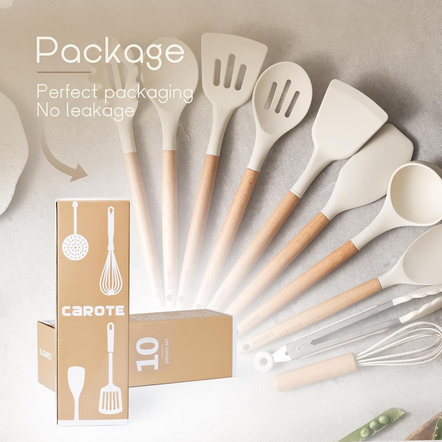 CAROTE Utensili Cucina Silicone 10 pezzi, Utensili da cucina antiaderenti resistenti al calore con manico,Cucchiai, palette e spatole in legno per cucinare,cuocere al forno, senza BPA, Lavastoviglie