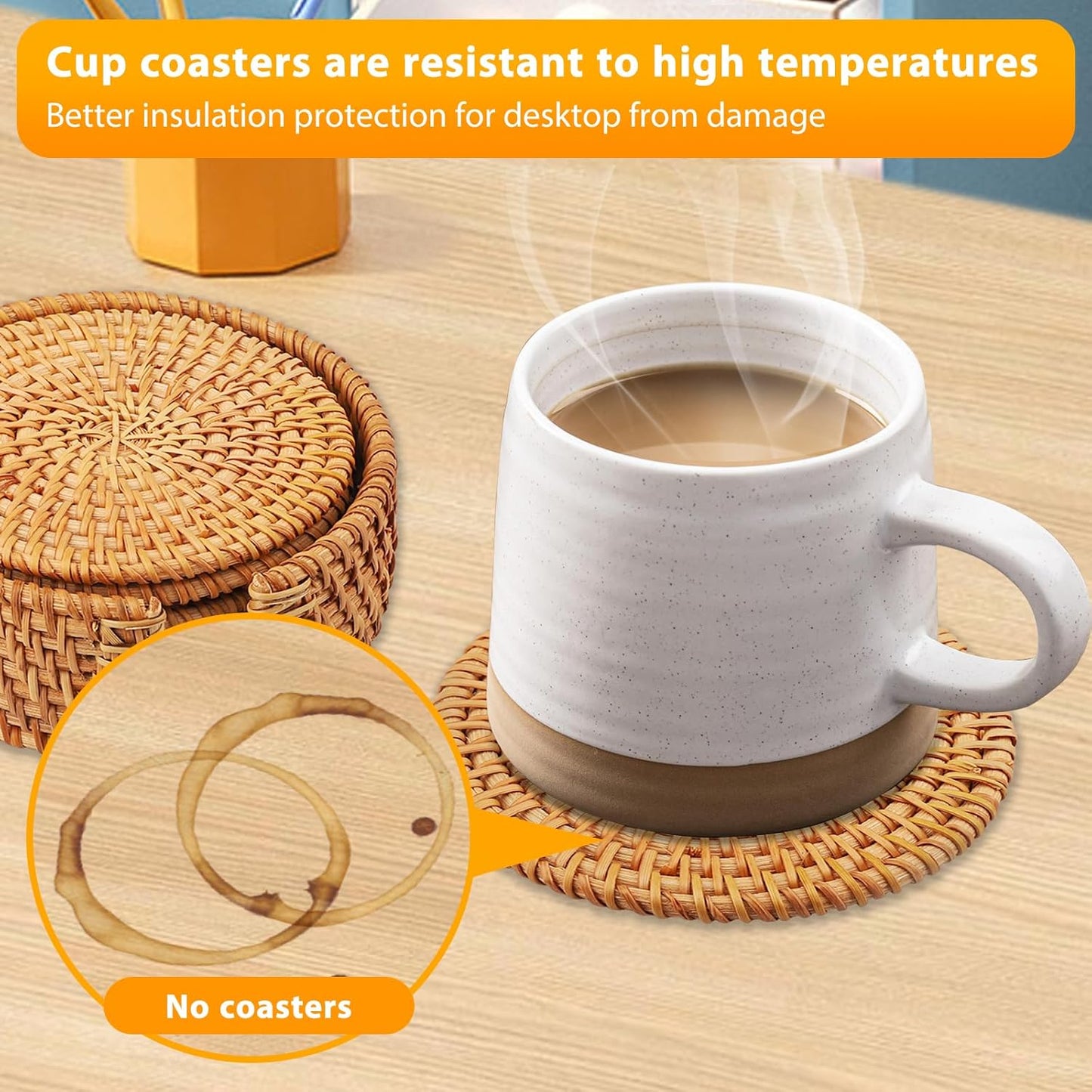 Set di sottobicchieri in rattan con supporto - Set da 6 sottobicchieri per bicchieri, tazze, bar - Sottobicchieri rotondi in sughero per bevande - Decorativi - Set di sottobicchieri in vetro
